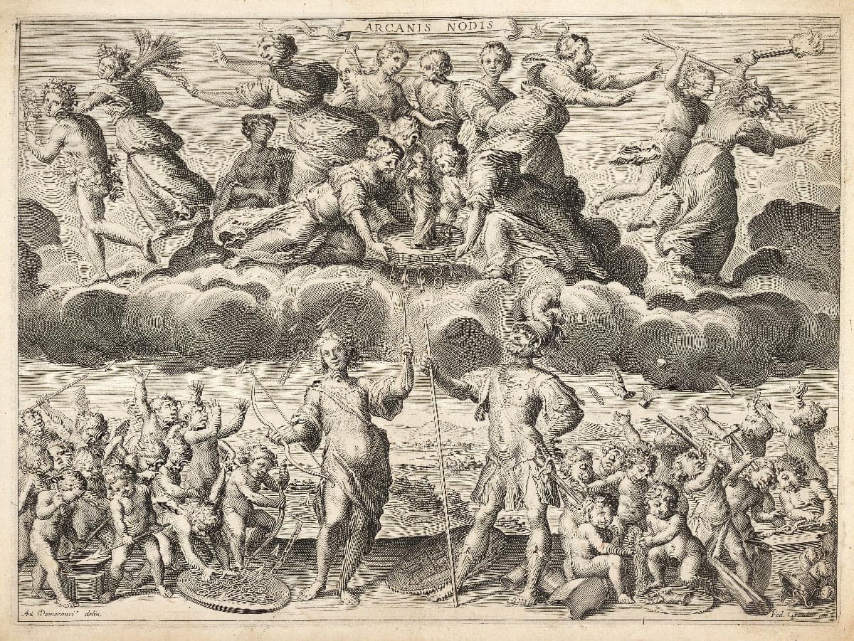 Venus and Mars standing, group of goddesses holding the Palladium