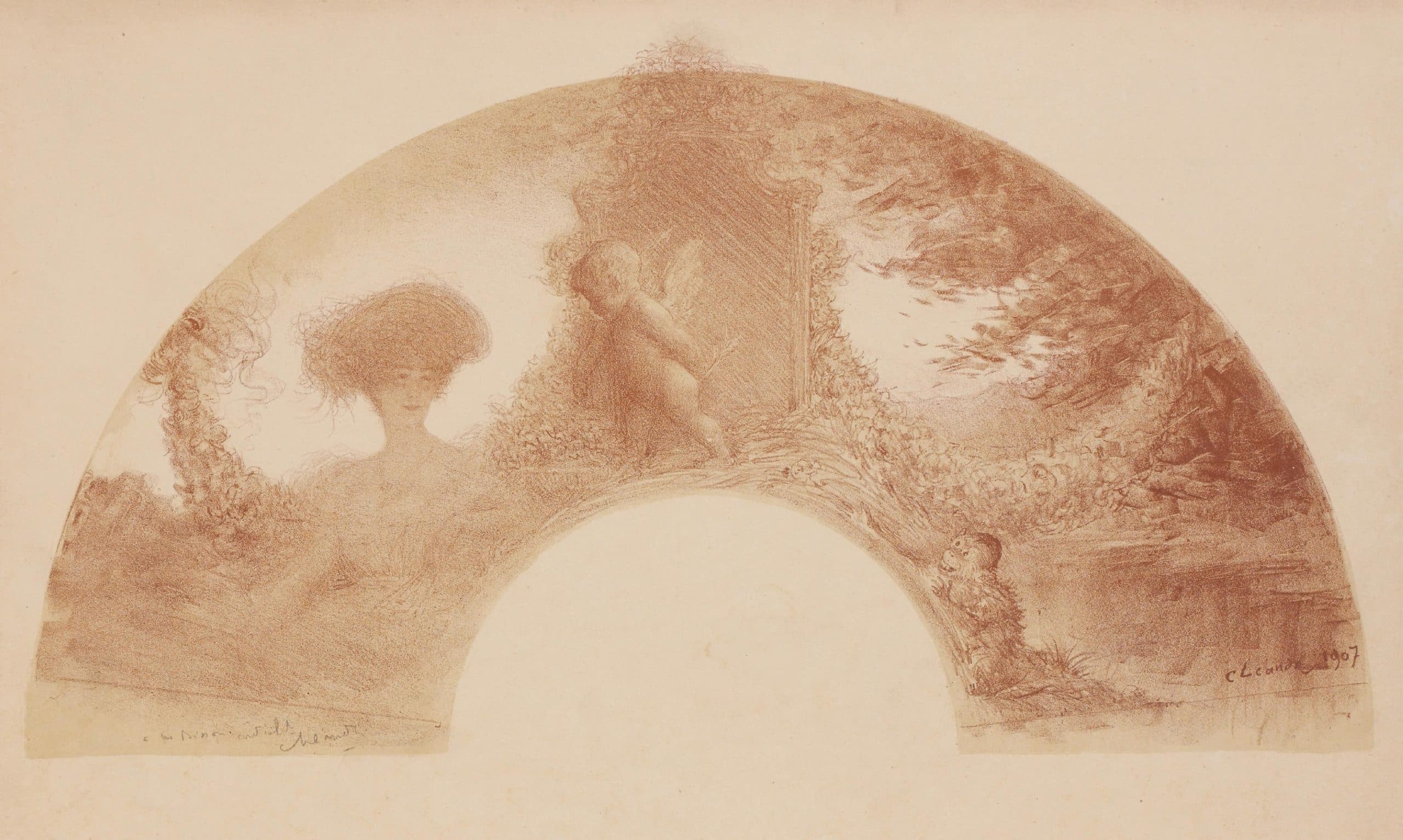 Eventail : une jeune femme dans un paysage avec Cupidon et un petit singe