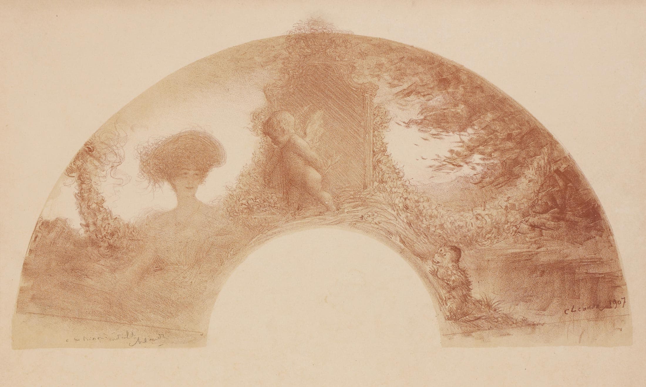Fan: a young woman in a landscape with Cupid and a small monkey