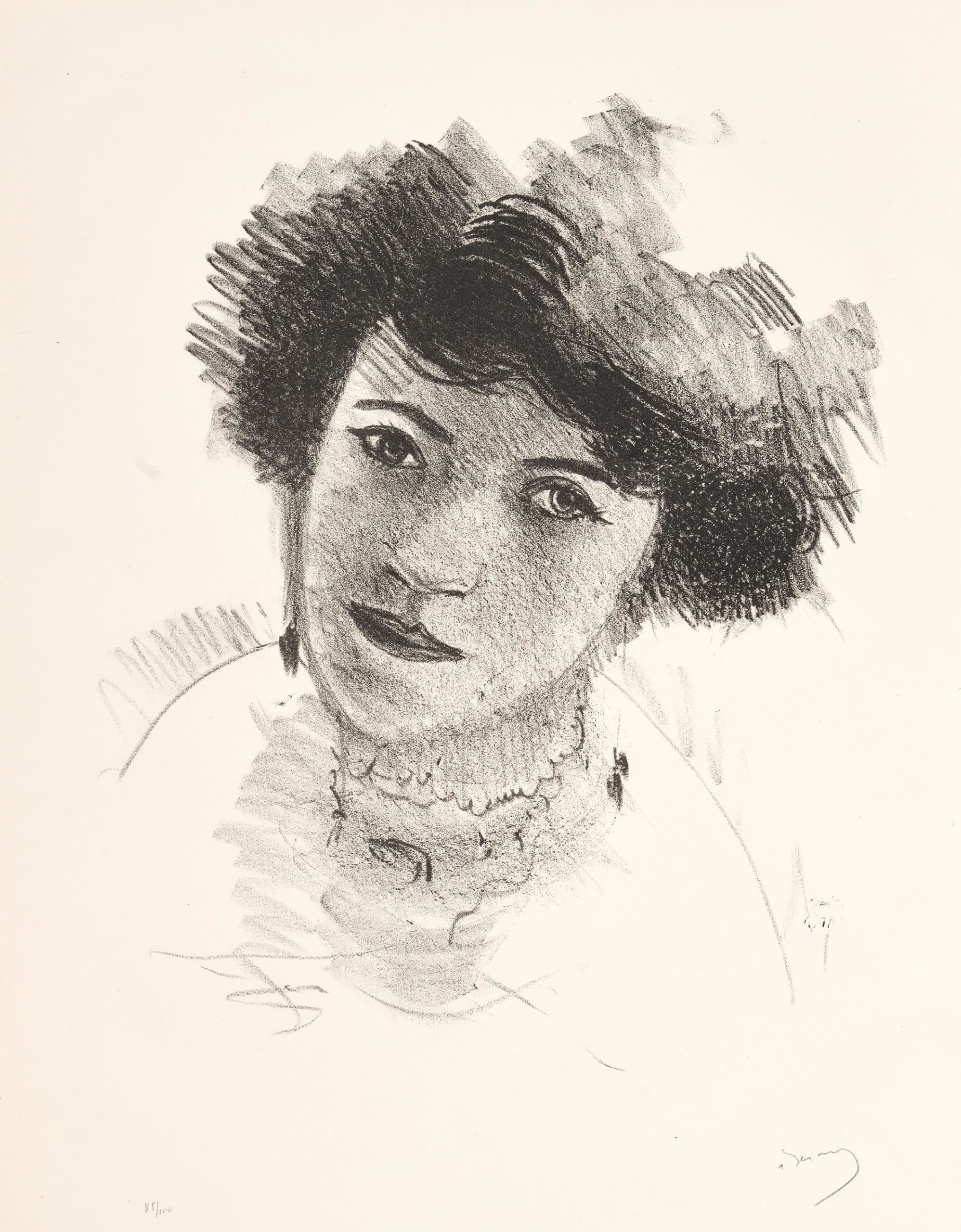 Head of a very brunette woman with dangling earrings