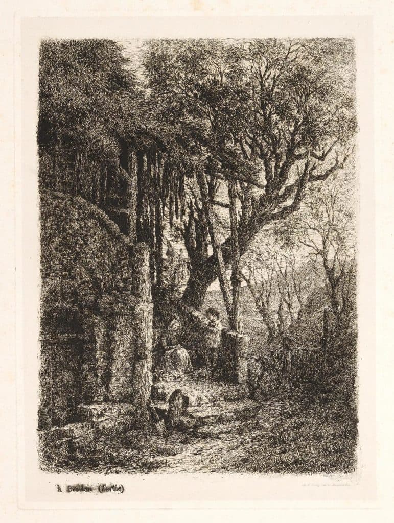 Wismes – A Brûlon (Sarthe), mère et enfant sur un escalier de pierre menant à une vieille maison