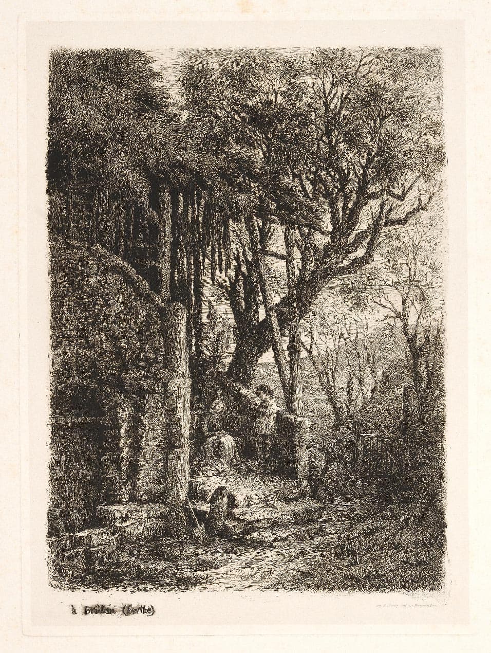 In Brûlon (Sarthe), mother and child on a stone staircase leading to an old house