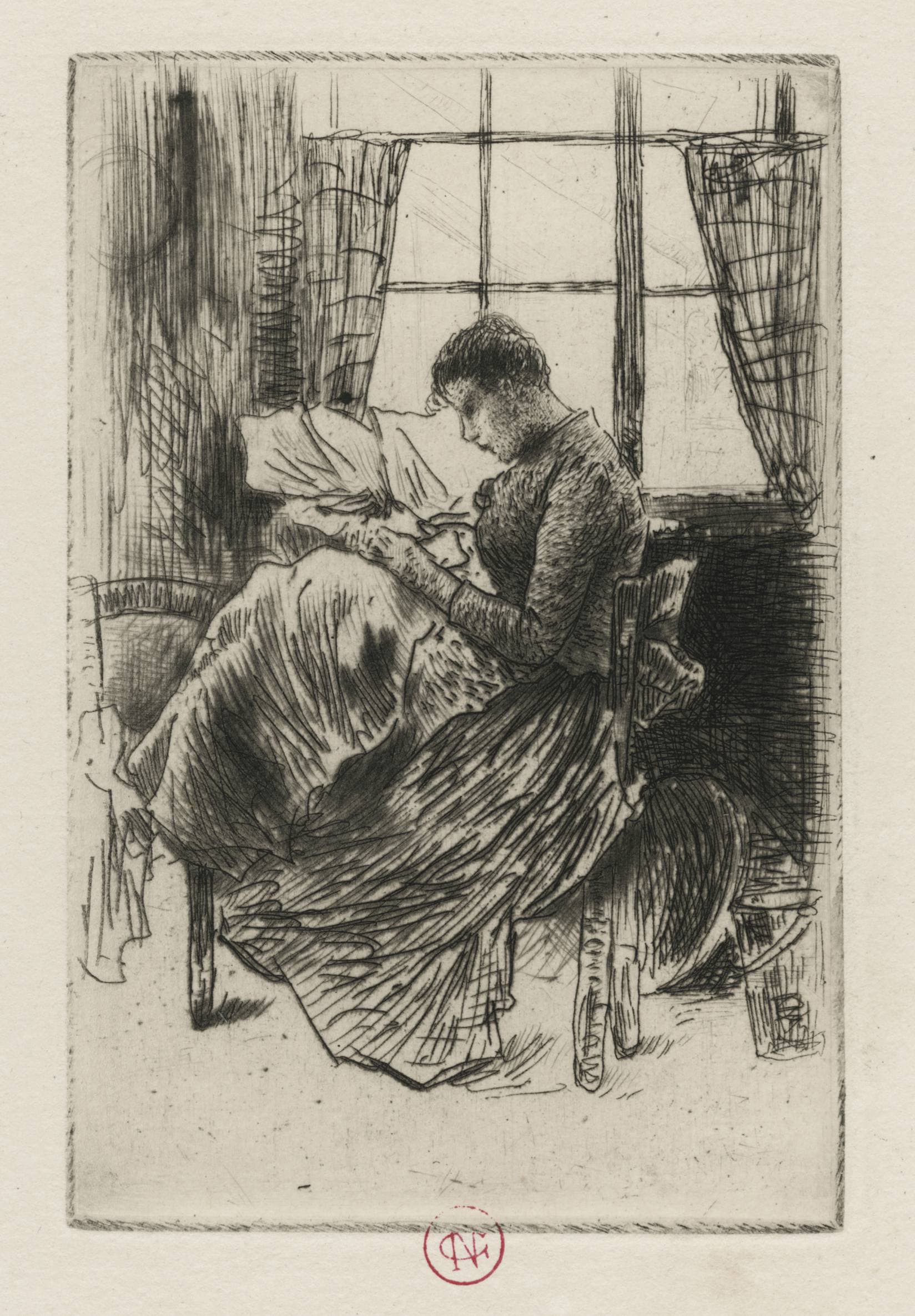 Nathalie Goeneutte cousant (jeune soeur de l’artiste)