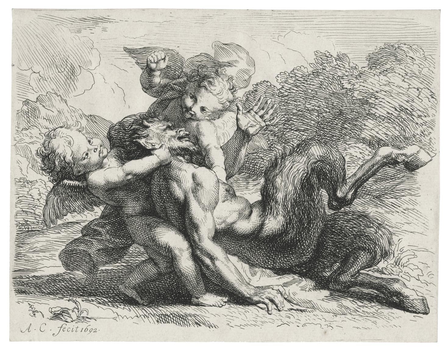 Two Cupids wrestling Pan