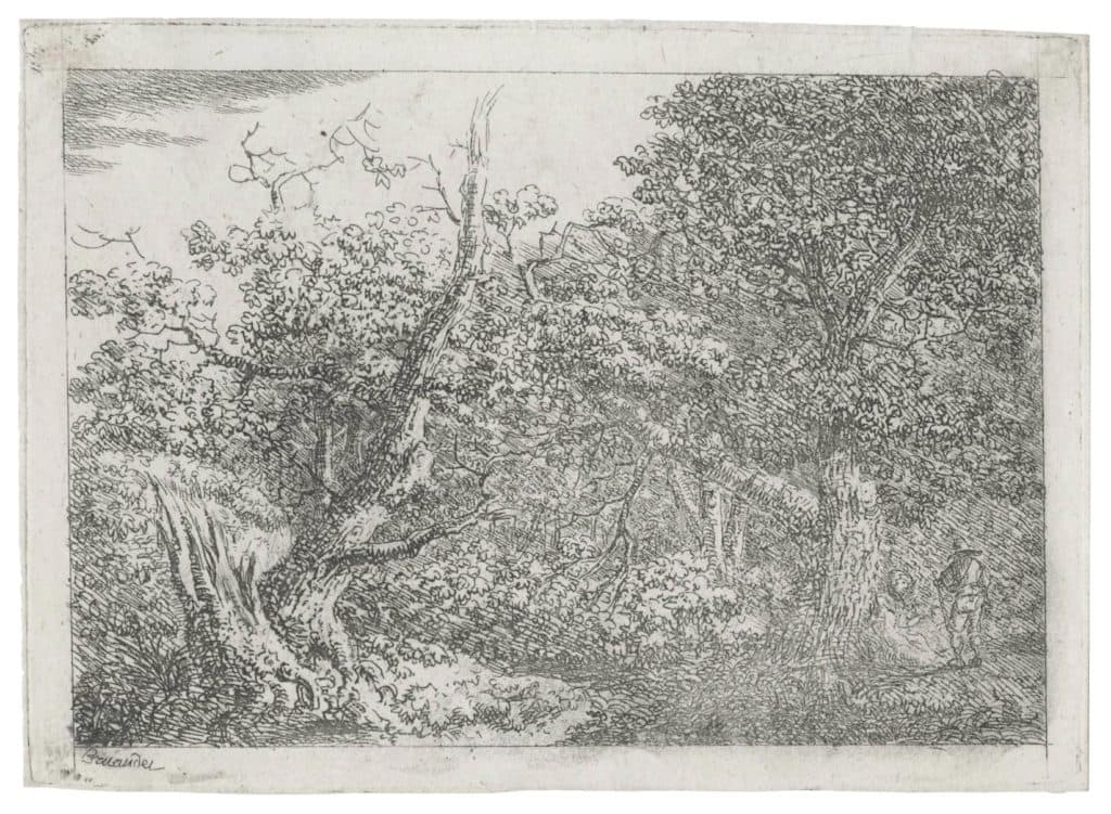 Bruandet – Coin de forêt, couple au repos près d’un chemin bordé d’arbres