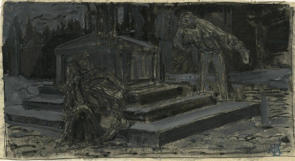 Merson – Dans un cimetière de nuit, discussion d’un couple autour d’une tombe