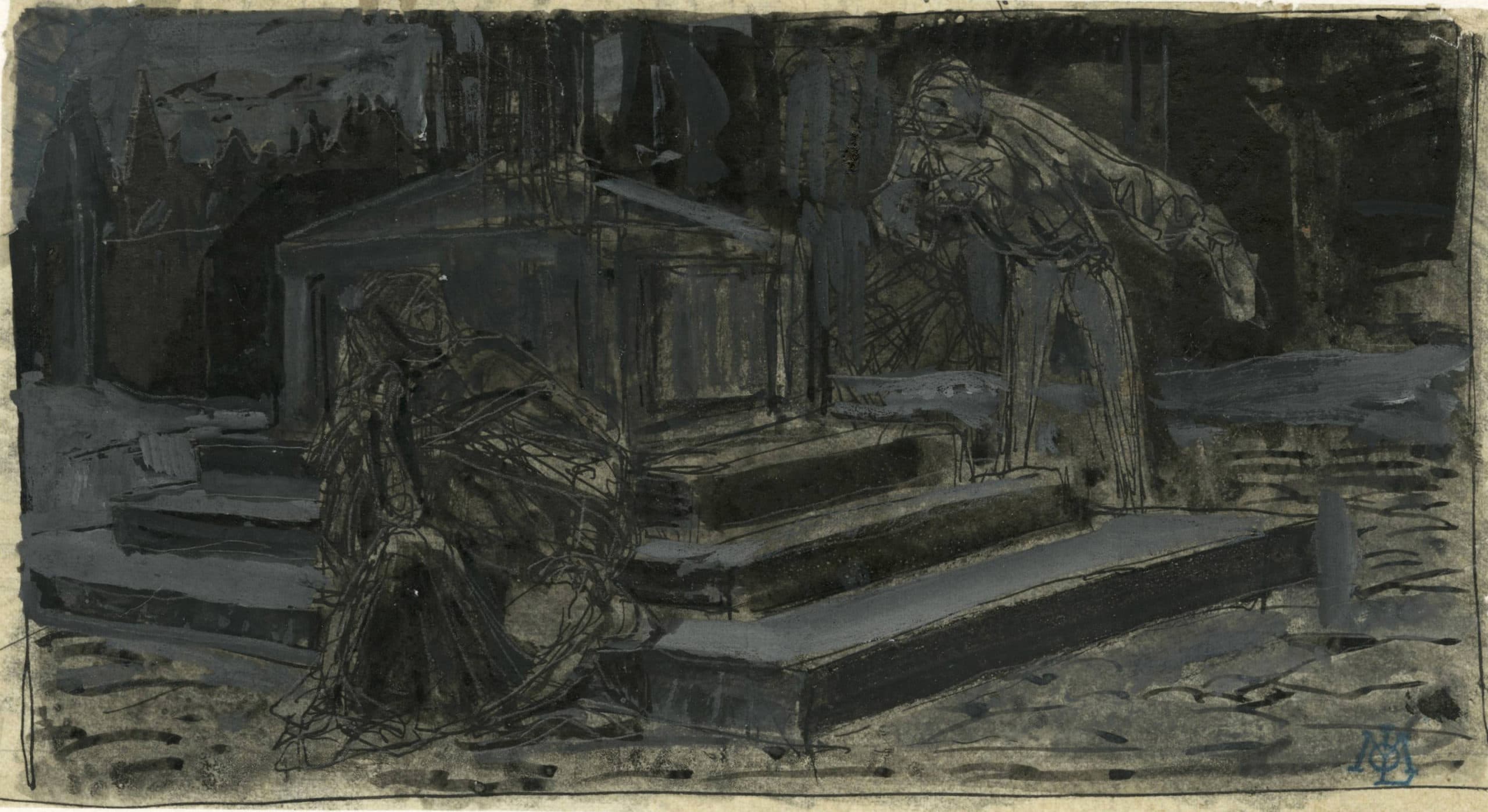 Dans un cimetière de nuit, discussion d'un couple autour d'une tombe