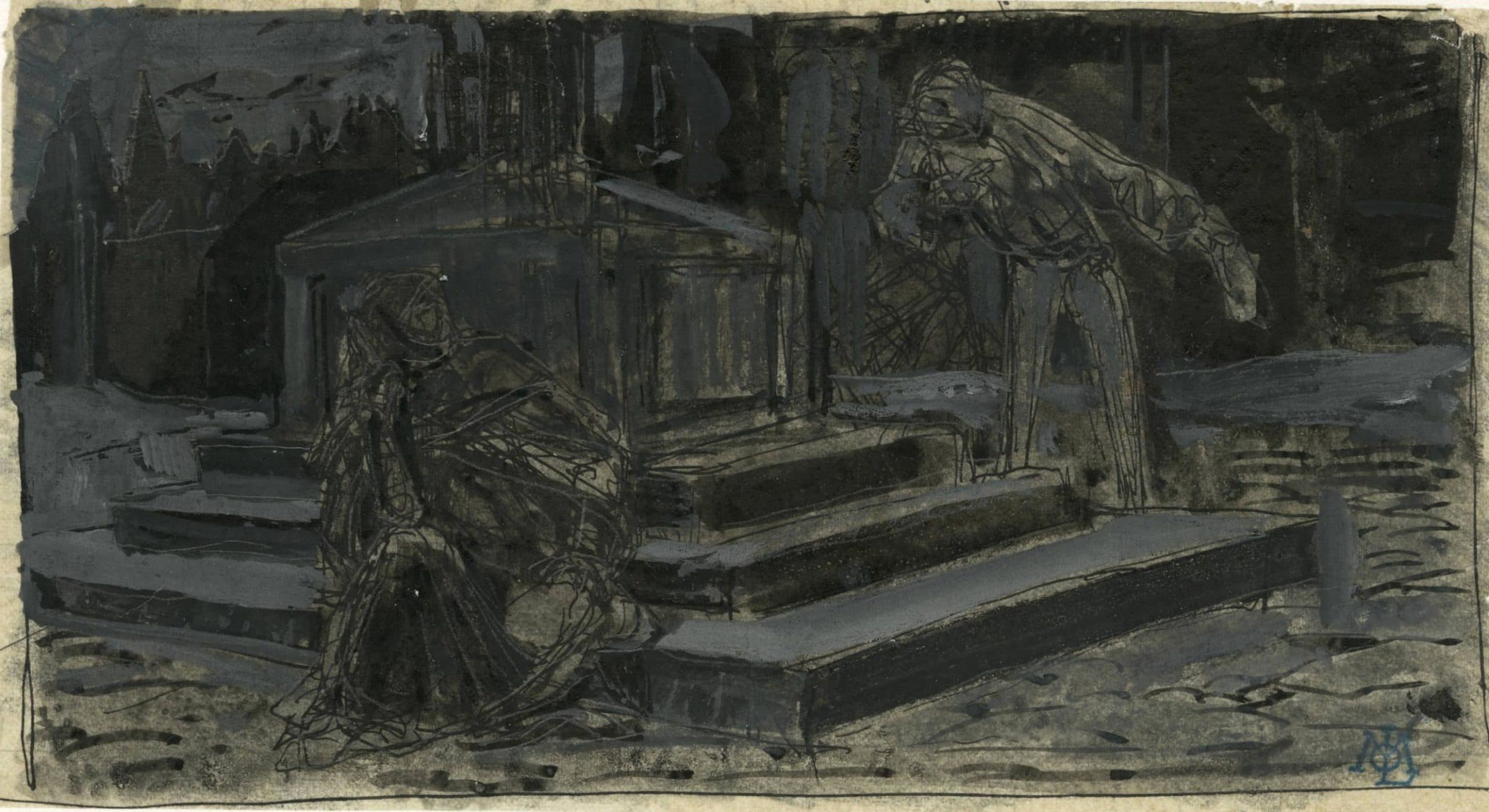 Dans un cimetière de nuit, discussion d'un couple autour d'une tombe