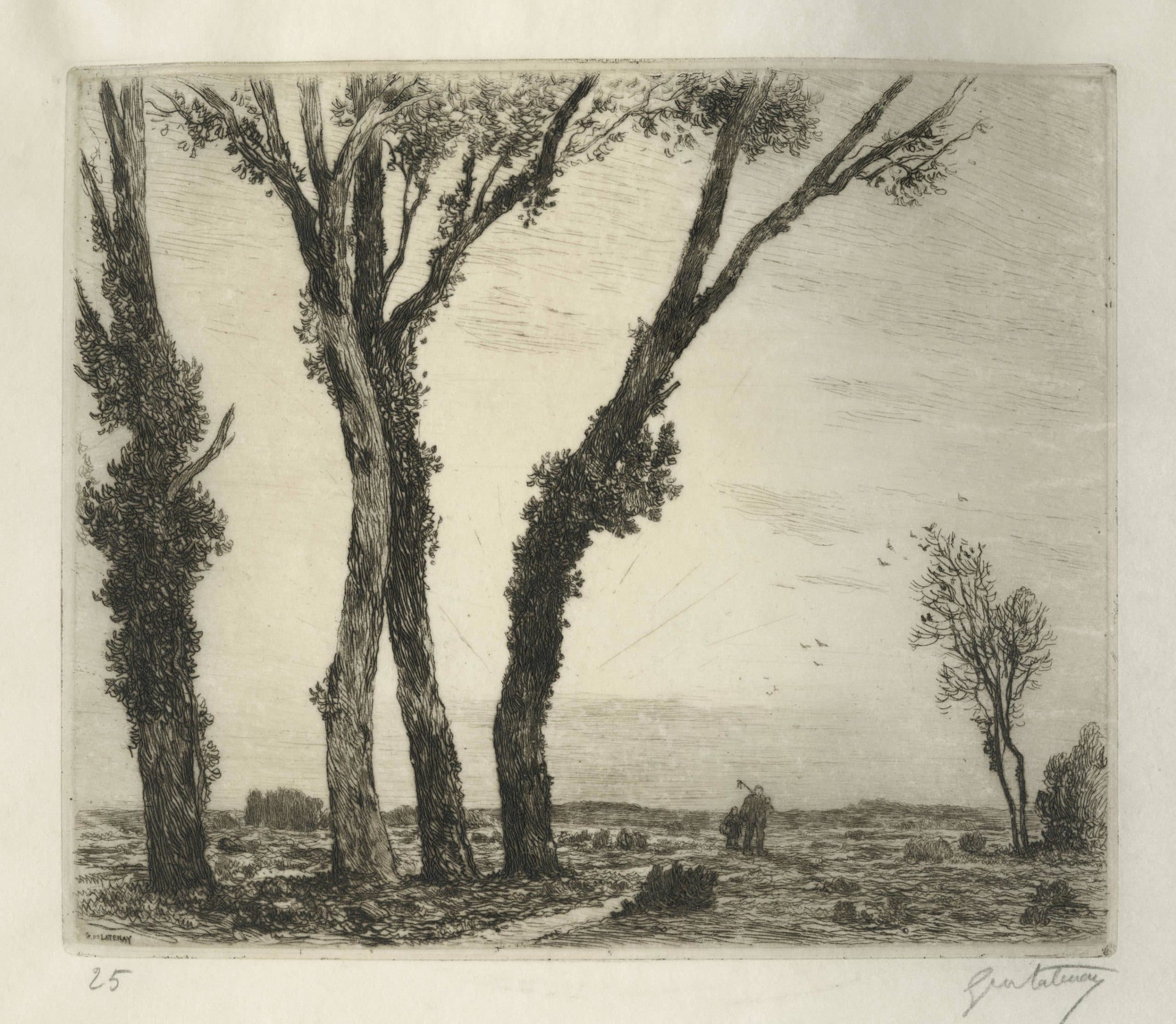 Deux personnages sur un chemin bordé d’arbres
