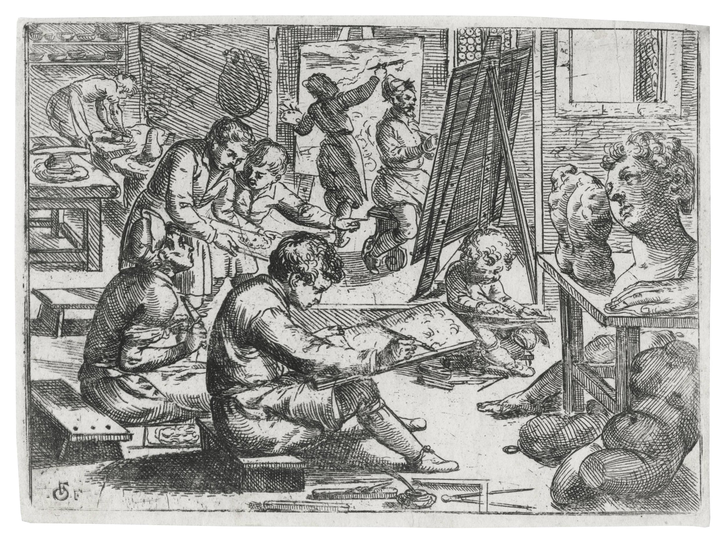 L’intérieur d’une salle, où plusieurs jeunes gens s’appliquent au dessin