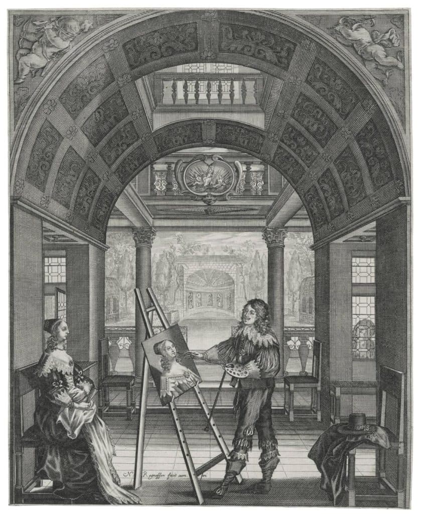 Regnesson – Dans un palais, un peintre à son chevalet exécutant le portrait d’une femme élégante