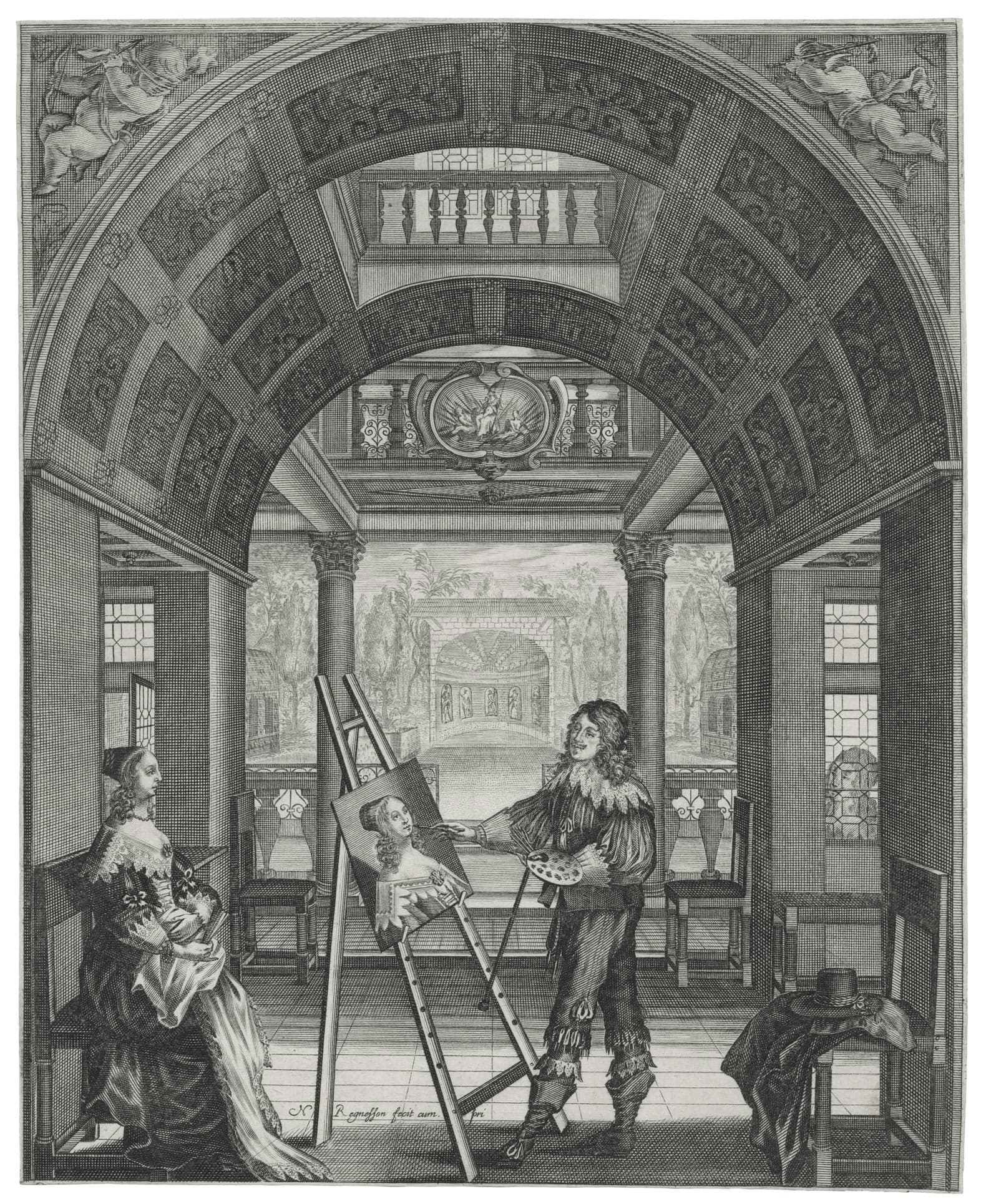 Dans un palais, un peintre à son chevalet exécutant le portrait d’une femme élégante