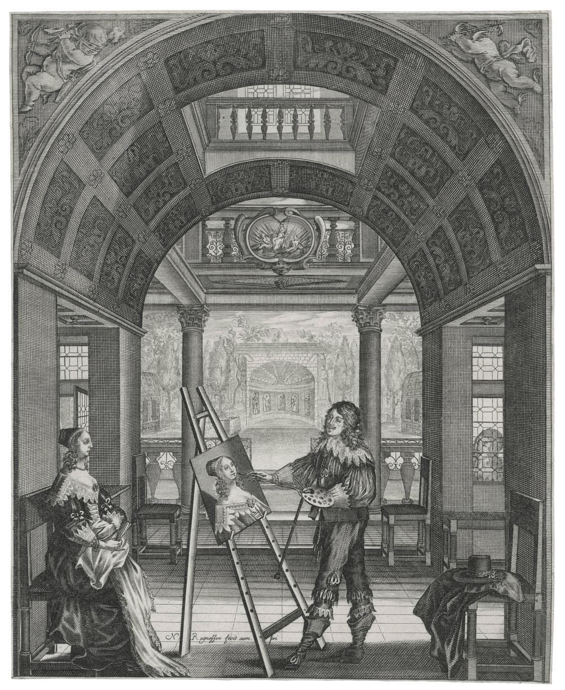 Dans un palais, un peintre à son chevalet exécutant le portrait d’une femme élégante