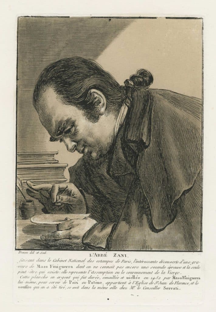 Denon – L’abbé Zani, faisant, dans le Cabinet National des estampes de Paris, l’intéressante découverte d’une gravure de Maso Finiguerra