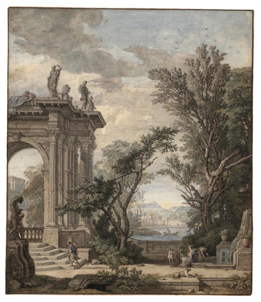 Moucheron – Paysage italien avec figures et chiens près d’une fontaine