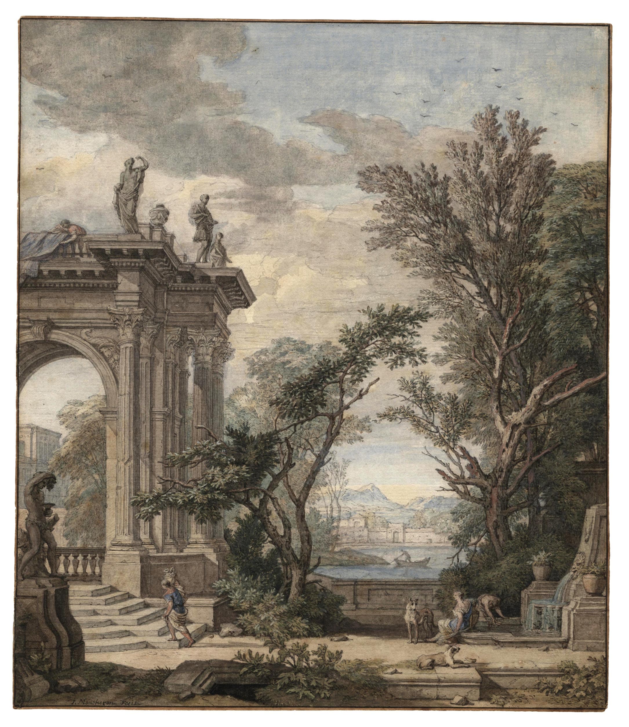 Paysage italien avec figures et chiens près d’une fontaine