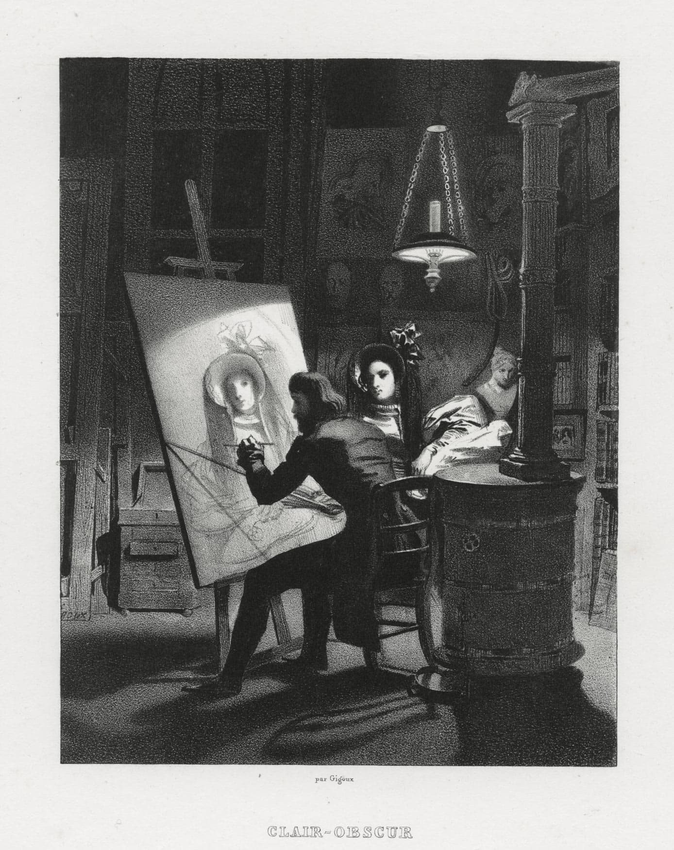 Clair-obscur, portrait painter at work