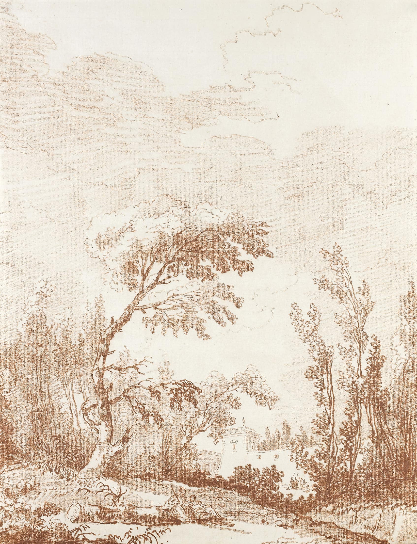 Italian lanscape with seated characters and a villa on the background