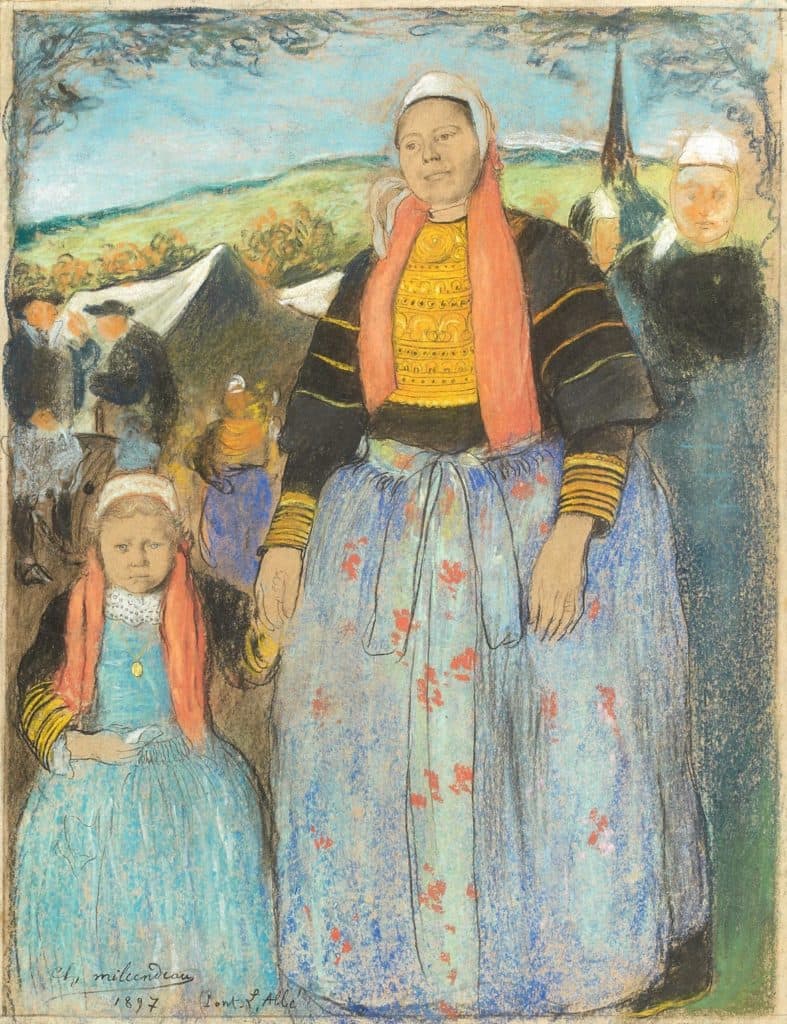 Milcendeau – Femme et enfant en habit traditionnel breton, à Pont L’Abbé