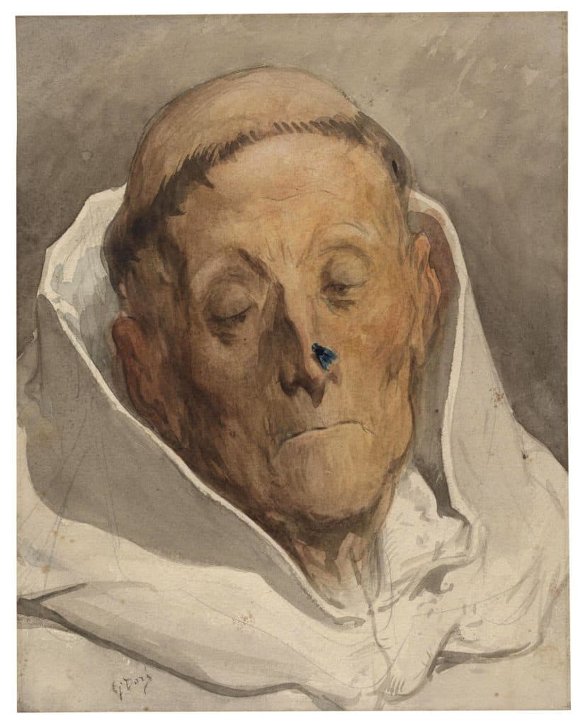 Doré – Tête de moine âgé, louchant sur une mouche venue se poser sur son nez