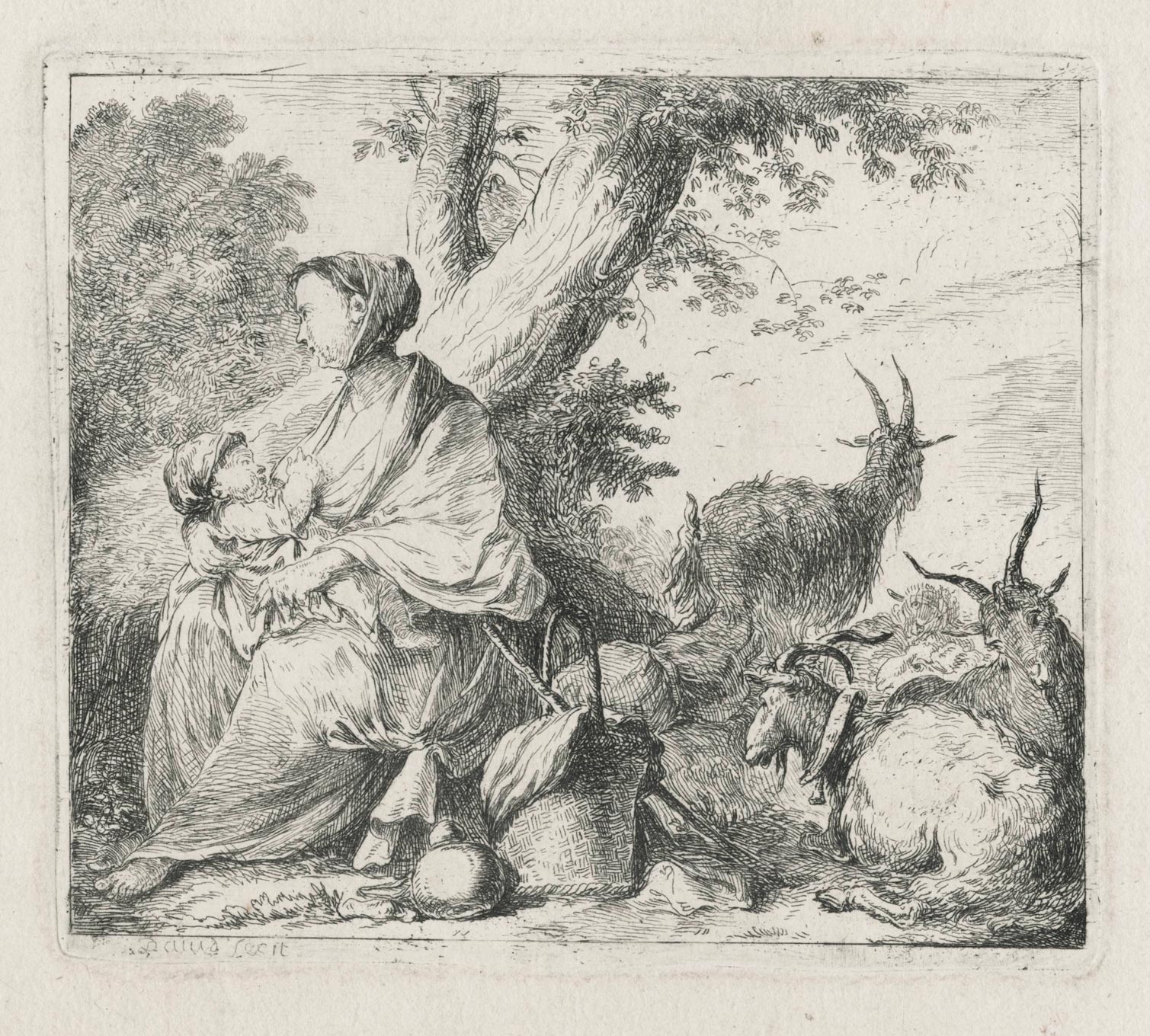 A goat herder sitting at the foot of a tree feeding her child