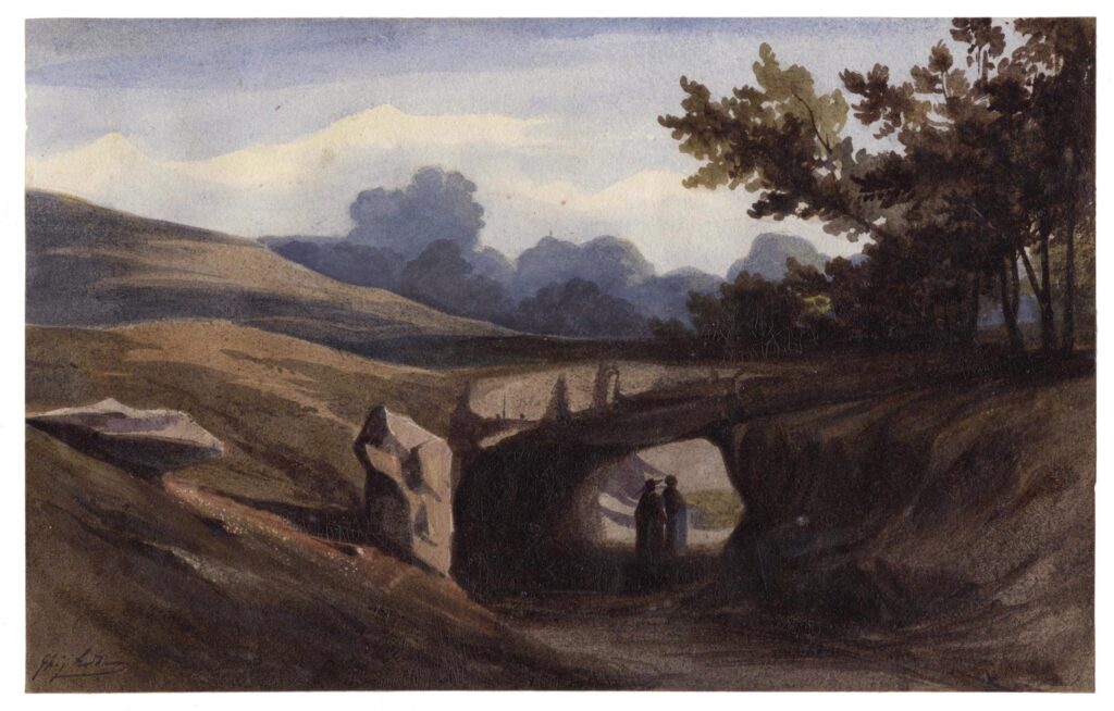 Lebas – Dans un vaste paysage, deux figures discutant sous une arche rocailleuse