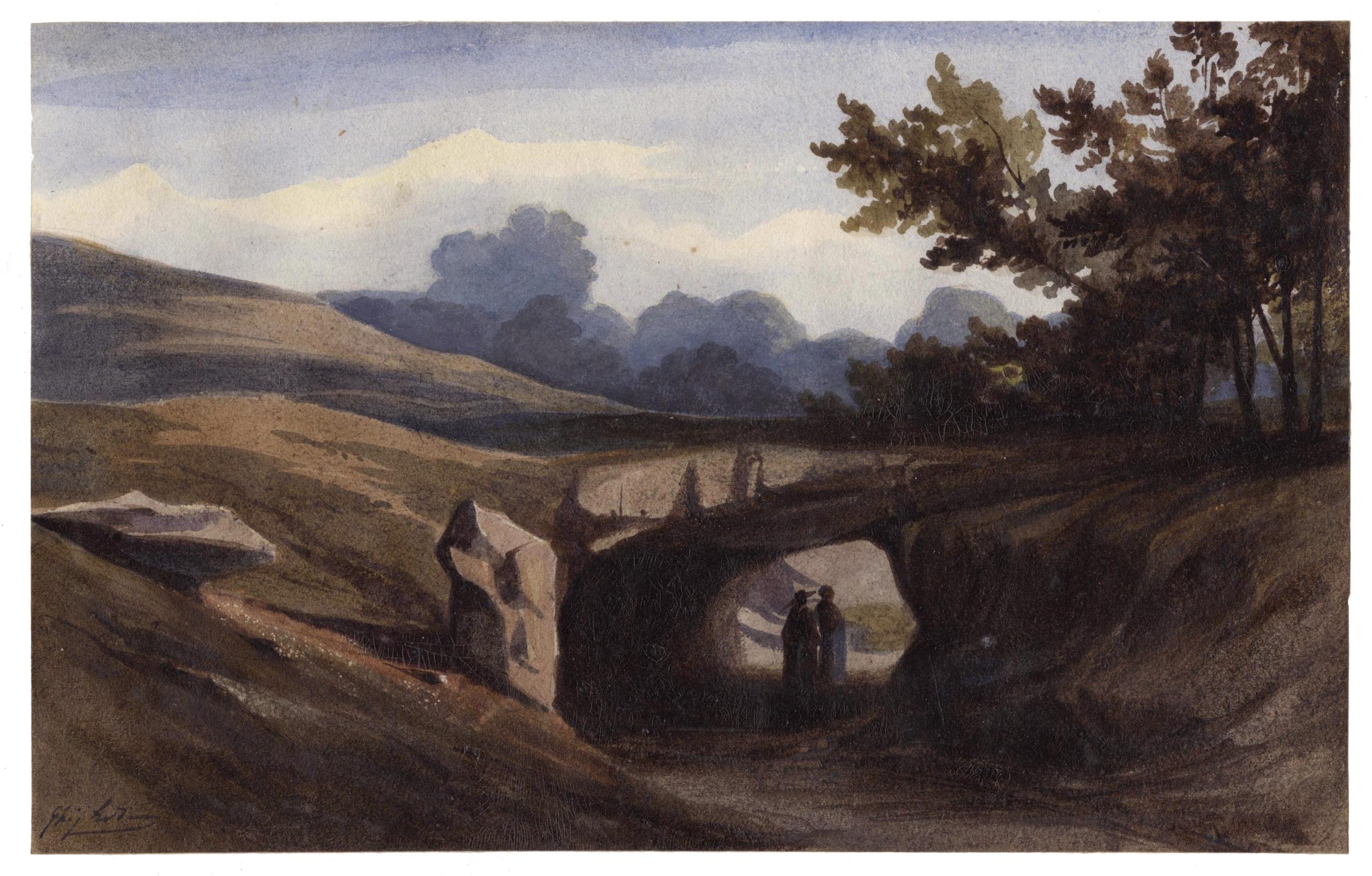In a vast landscape, two figures discussing under a rocky arch