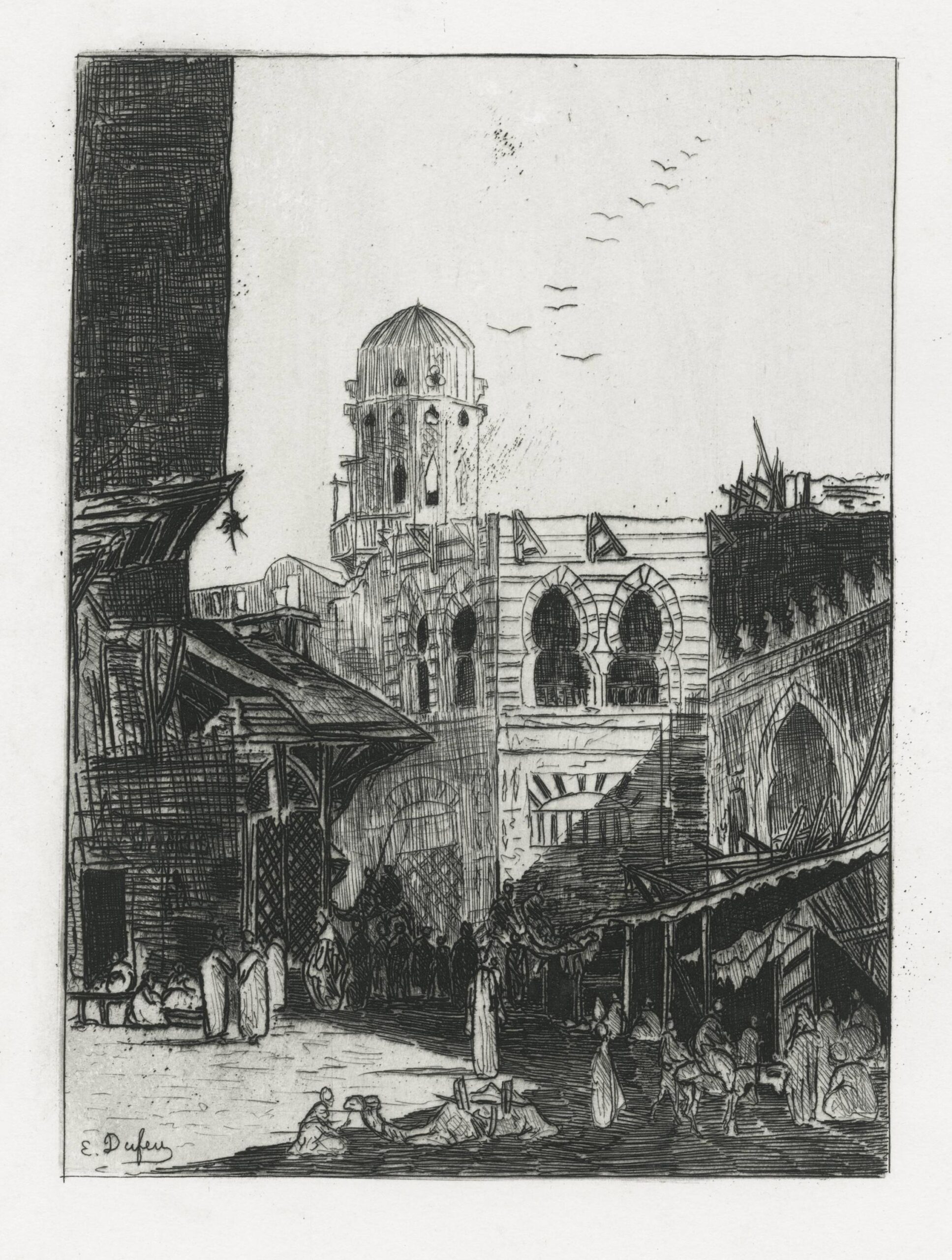 Au Caire, une rue animée avec une mosquée