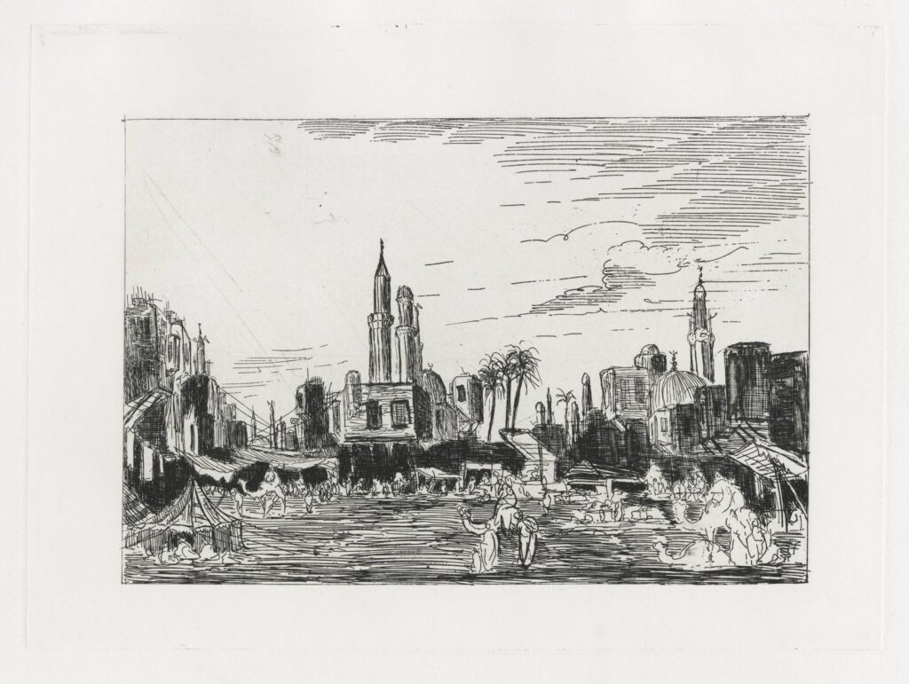 Dufeu – Au Caire, une place animée et deux mosquées à l’arrière plan