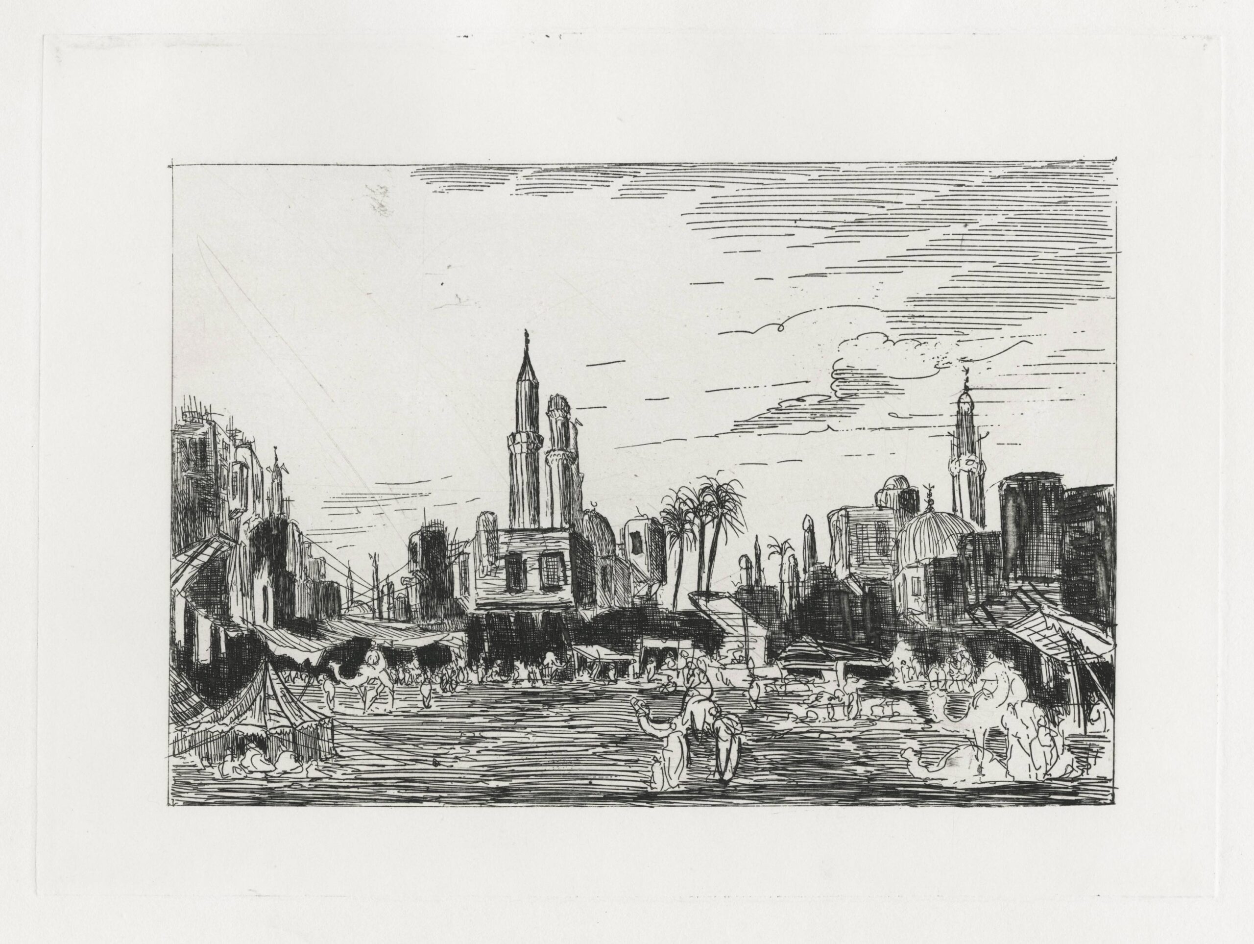 Au Caire, une place animée et deux mosquées à l'arrière plan