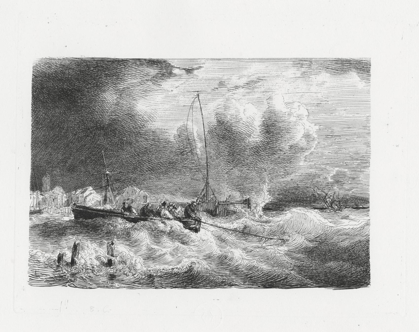 Boat in the storm in view of the harbour