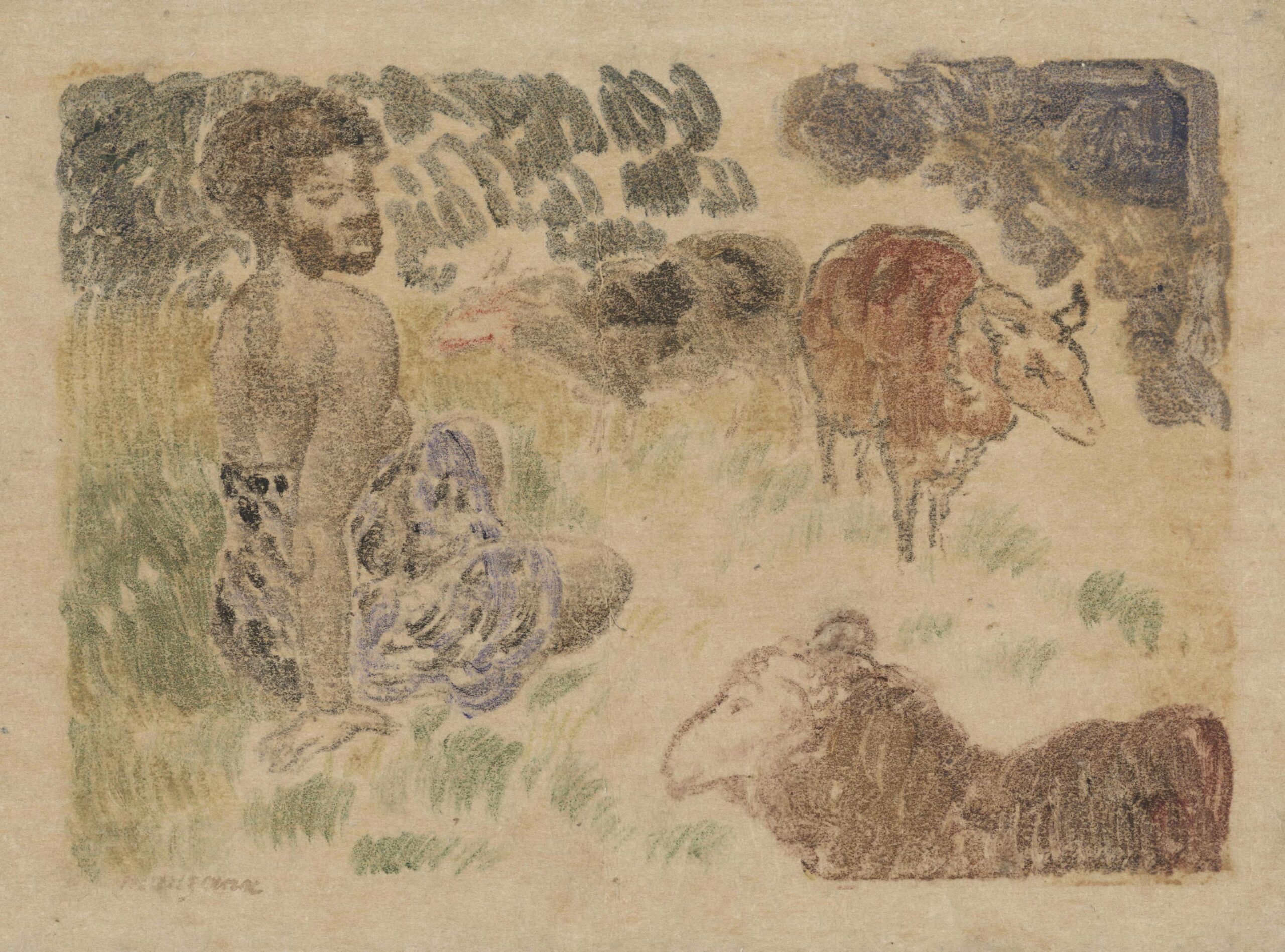 MANZANA-PISSARRO Georges — Woman sitting in the grass surrounded by sheeps
