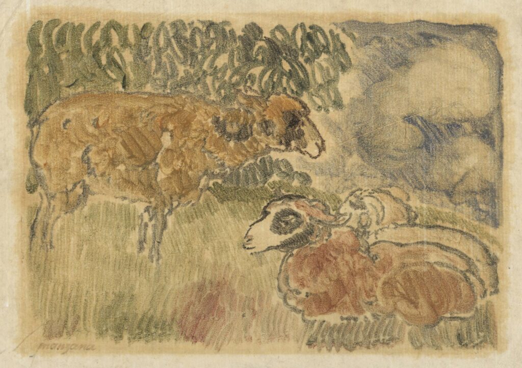 Manzana-Pissaro – Moutons dans l’herbe sous un ciel nuageux