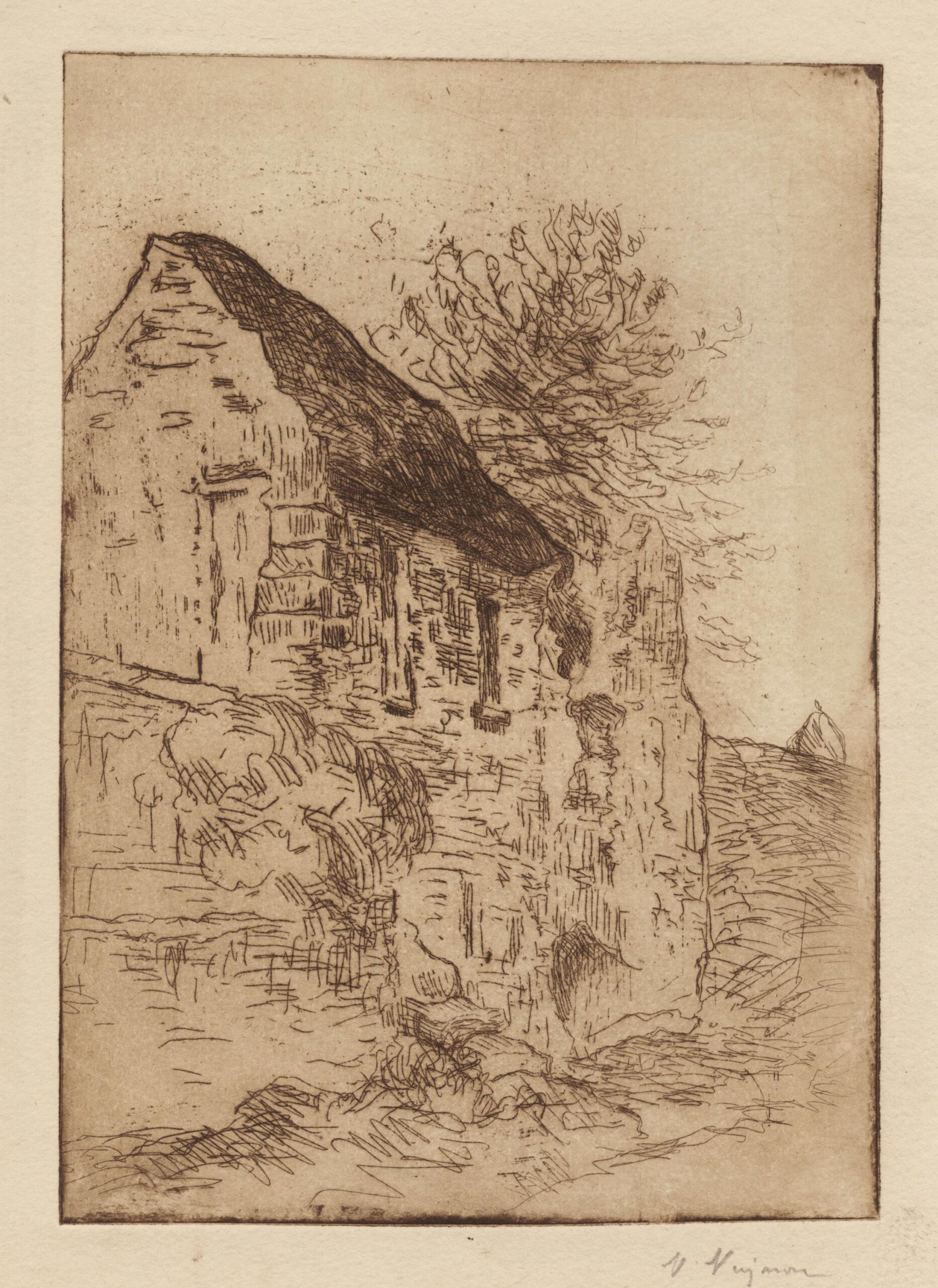 Stone house on the edge of a field, a  millstone in the background