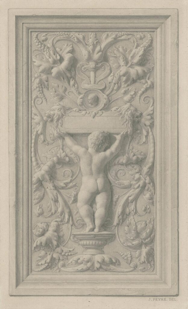 Peyre – Planche d’ornements avec putto, acanthes et un enfant en médaillon