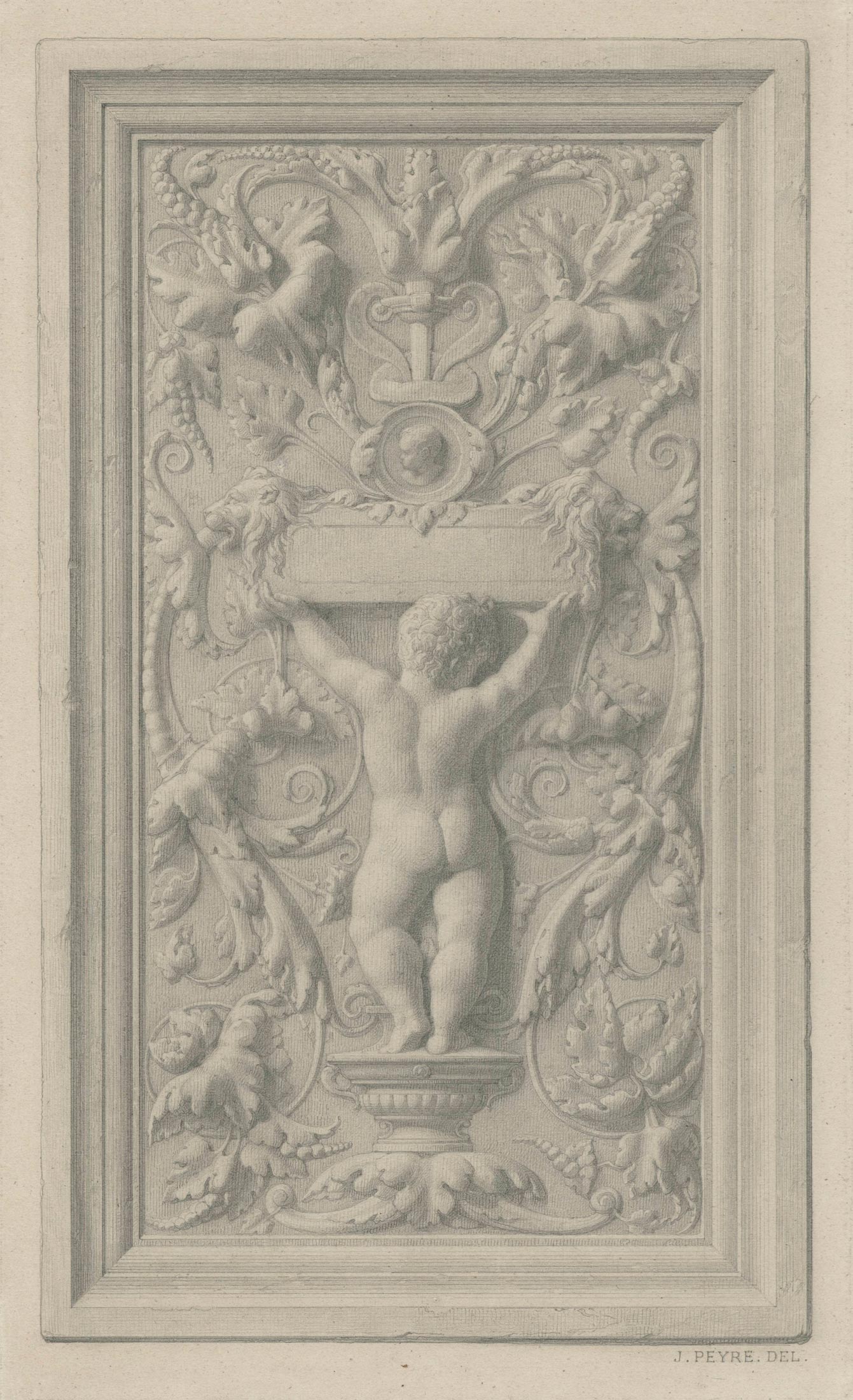 Planche d'ornements avec putto, acanthes et un enfant en médaillon