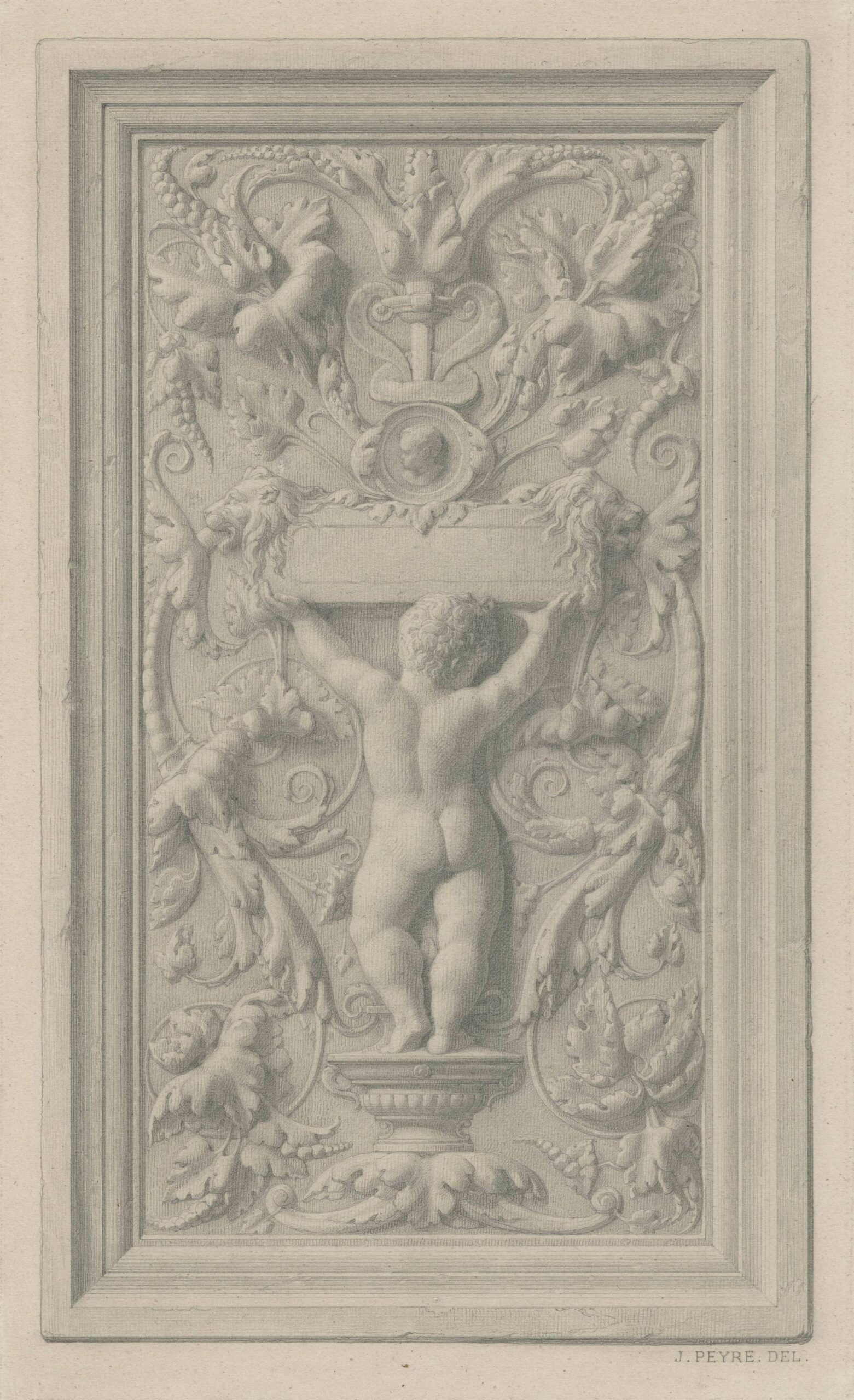 Planche d'ornements avec putto, acanthes et un enfant en médaillon