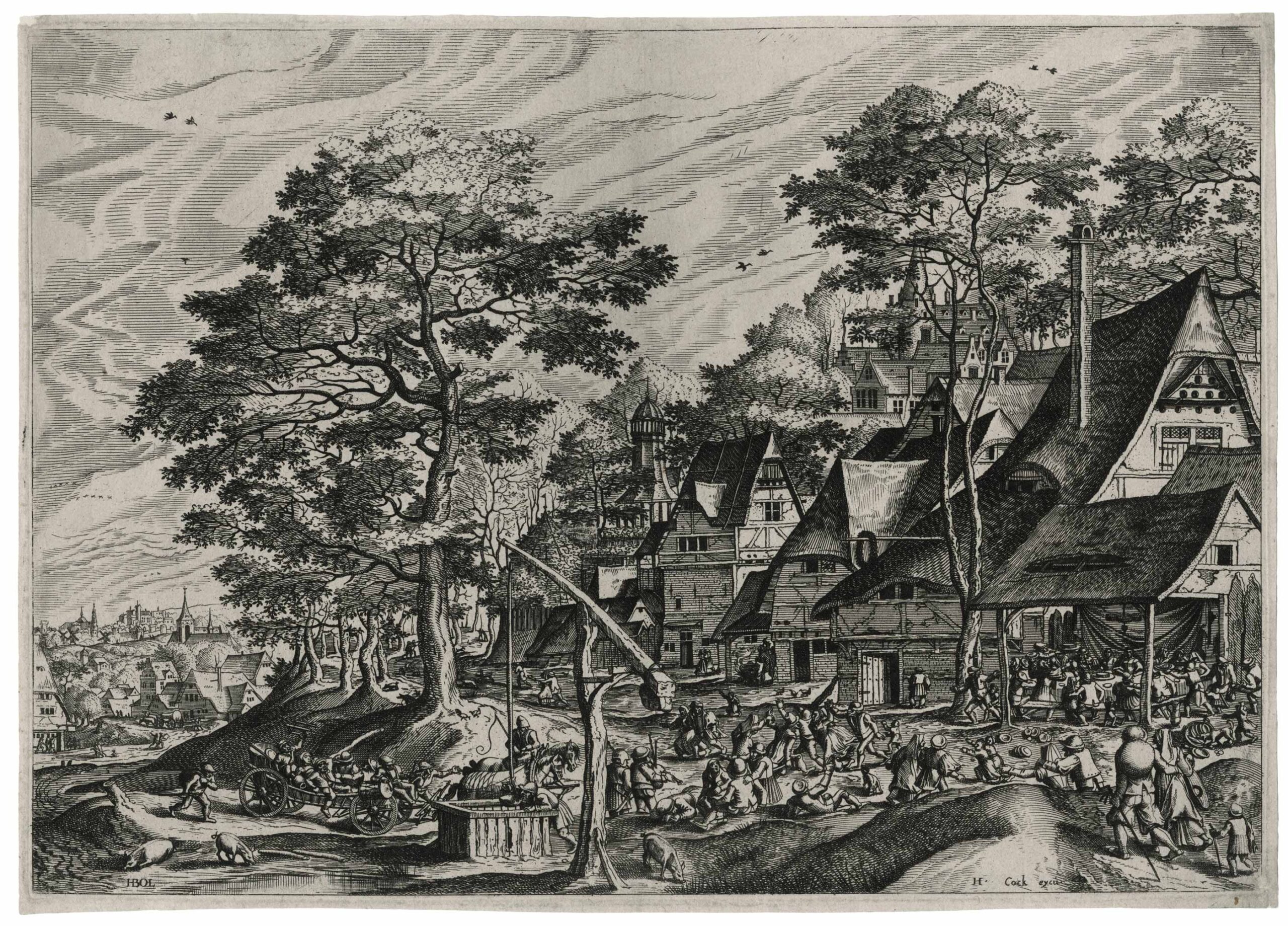 Fête païenne dans un village, un puits au premier plan