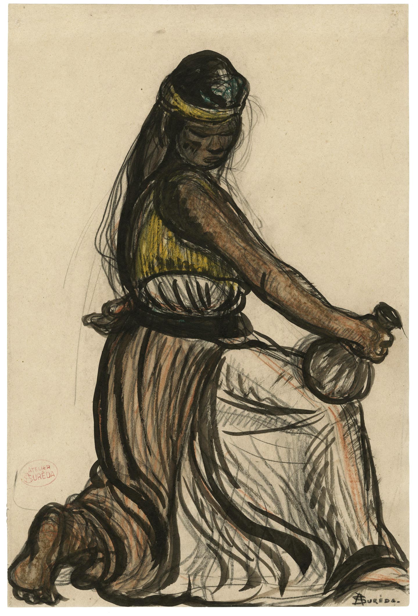 Kneeling woman holding a vase