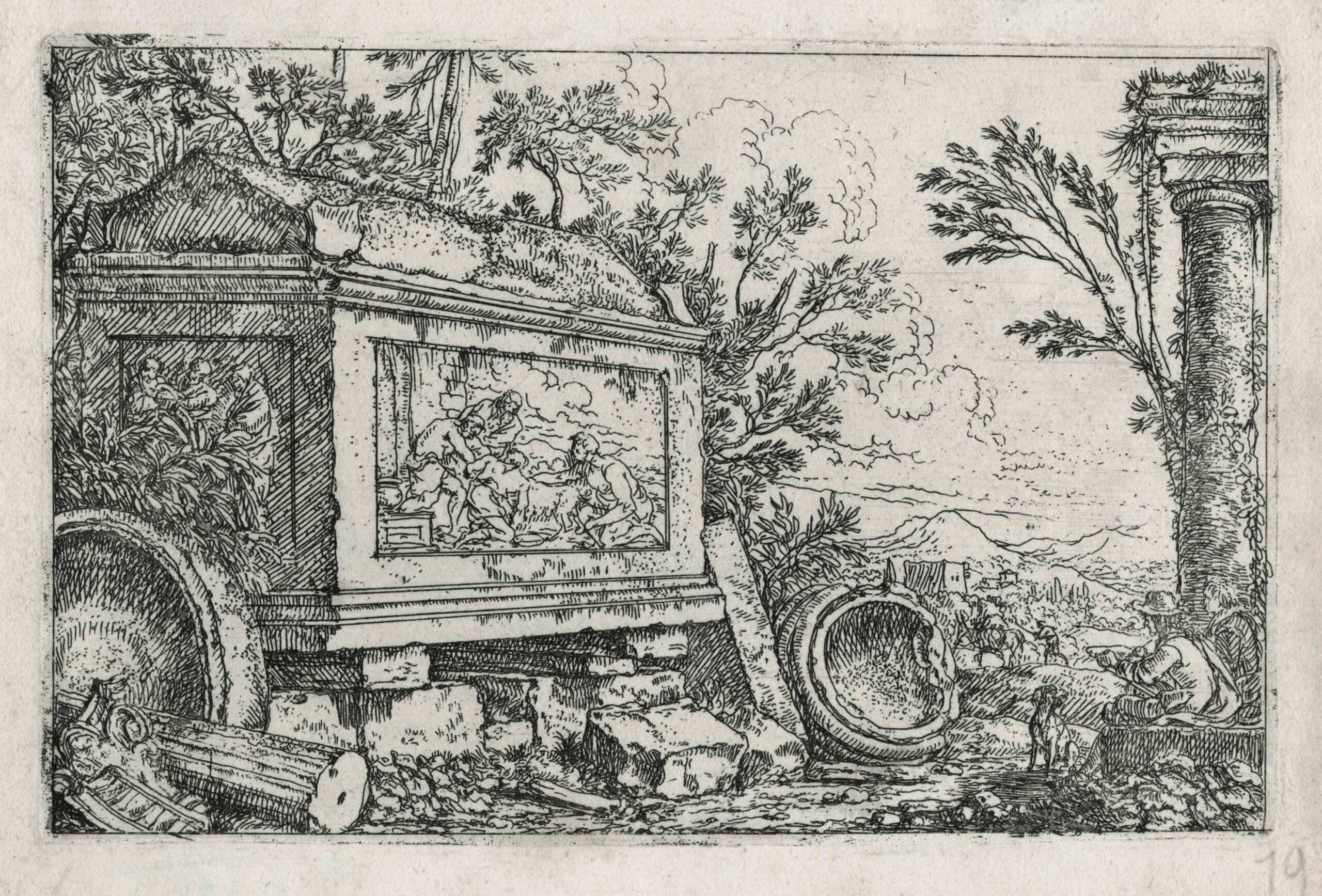 Deux artistes dessinant un sarcophage antique