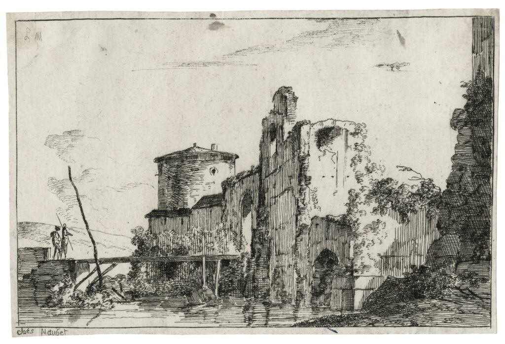 Moreau l’ancien – Les fortifications et la passerelle sur la rivière