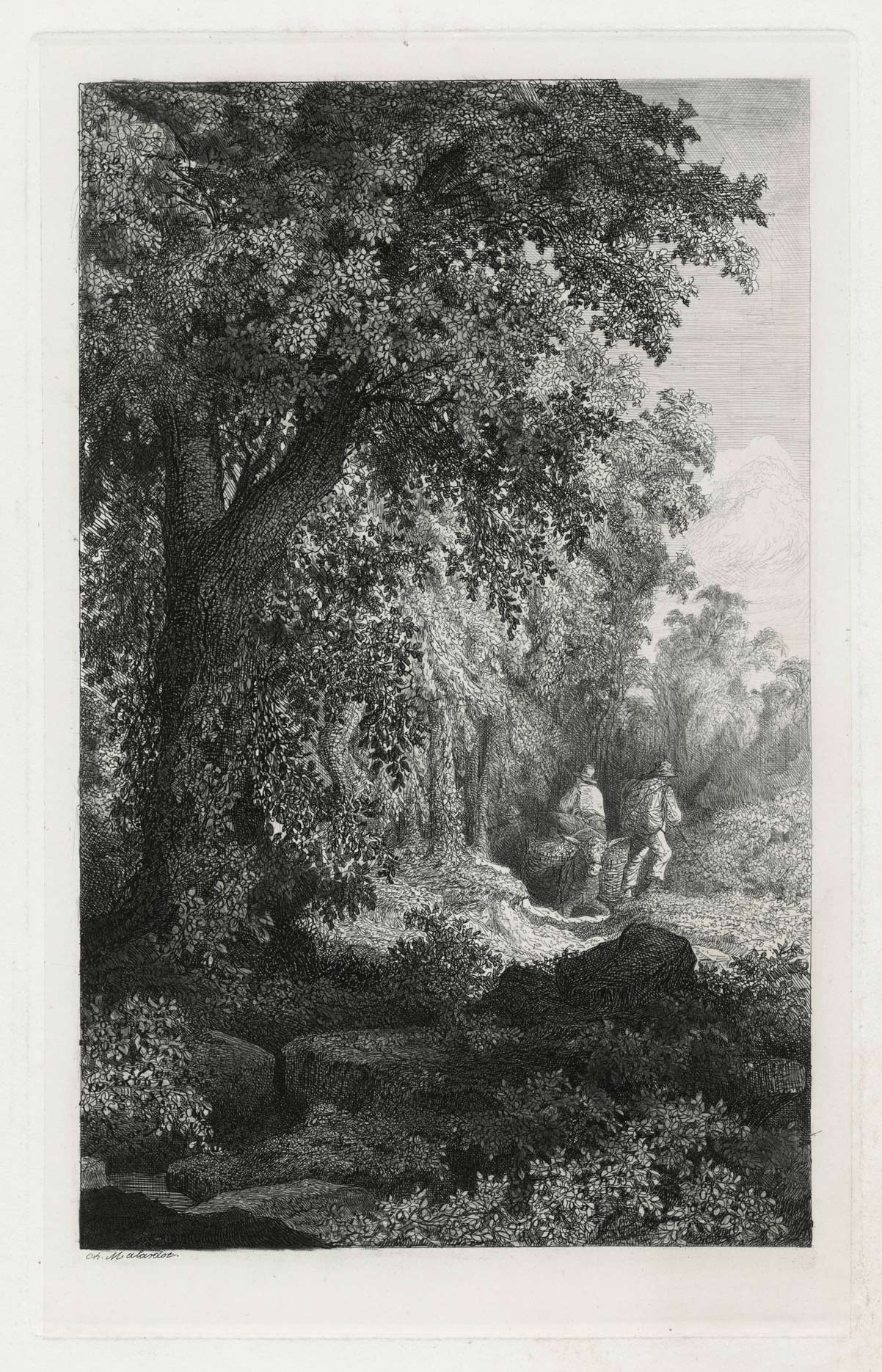 Landscape with three flamingos at the edge of a pond