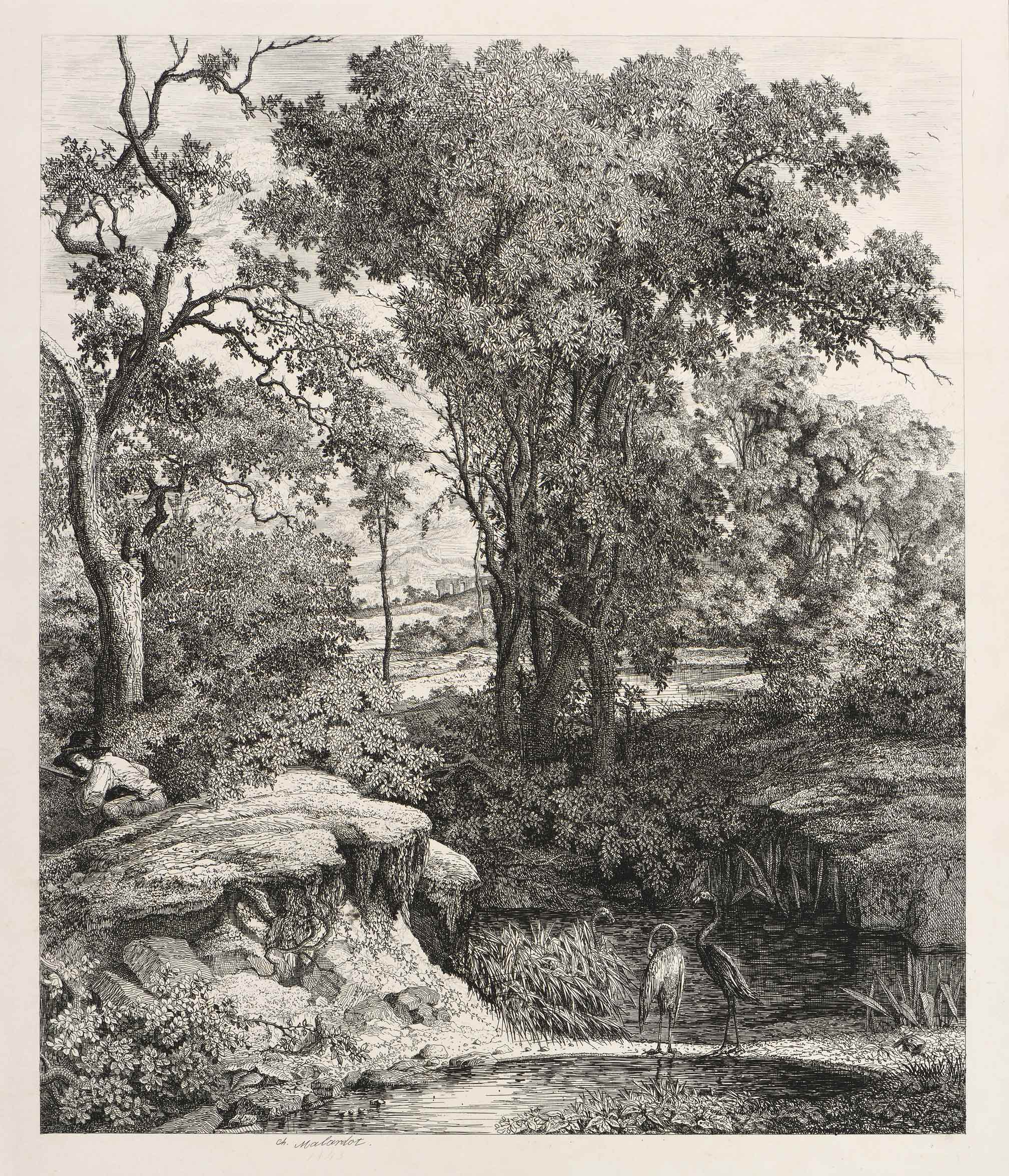 Paysage avec trois flamants au bord d'une mare