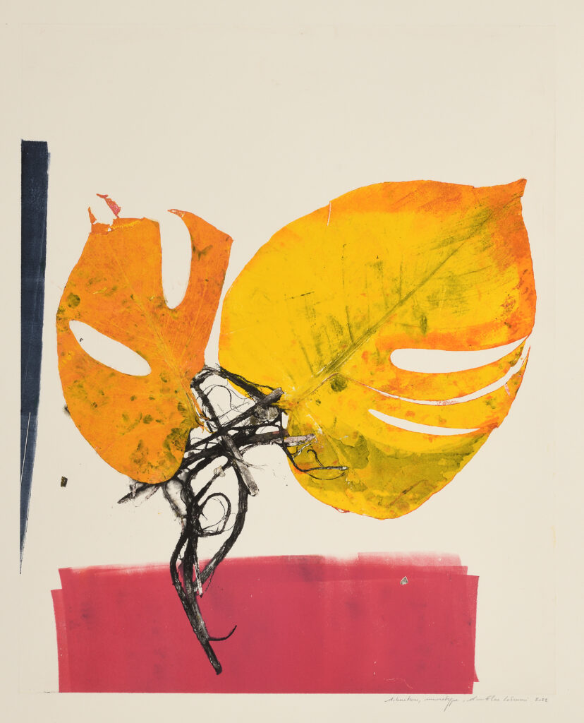 Labrunie – Arboretum (composition aux deux feuilles de Monstera, dominantes orange et rose)