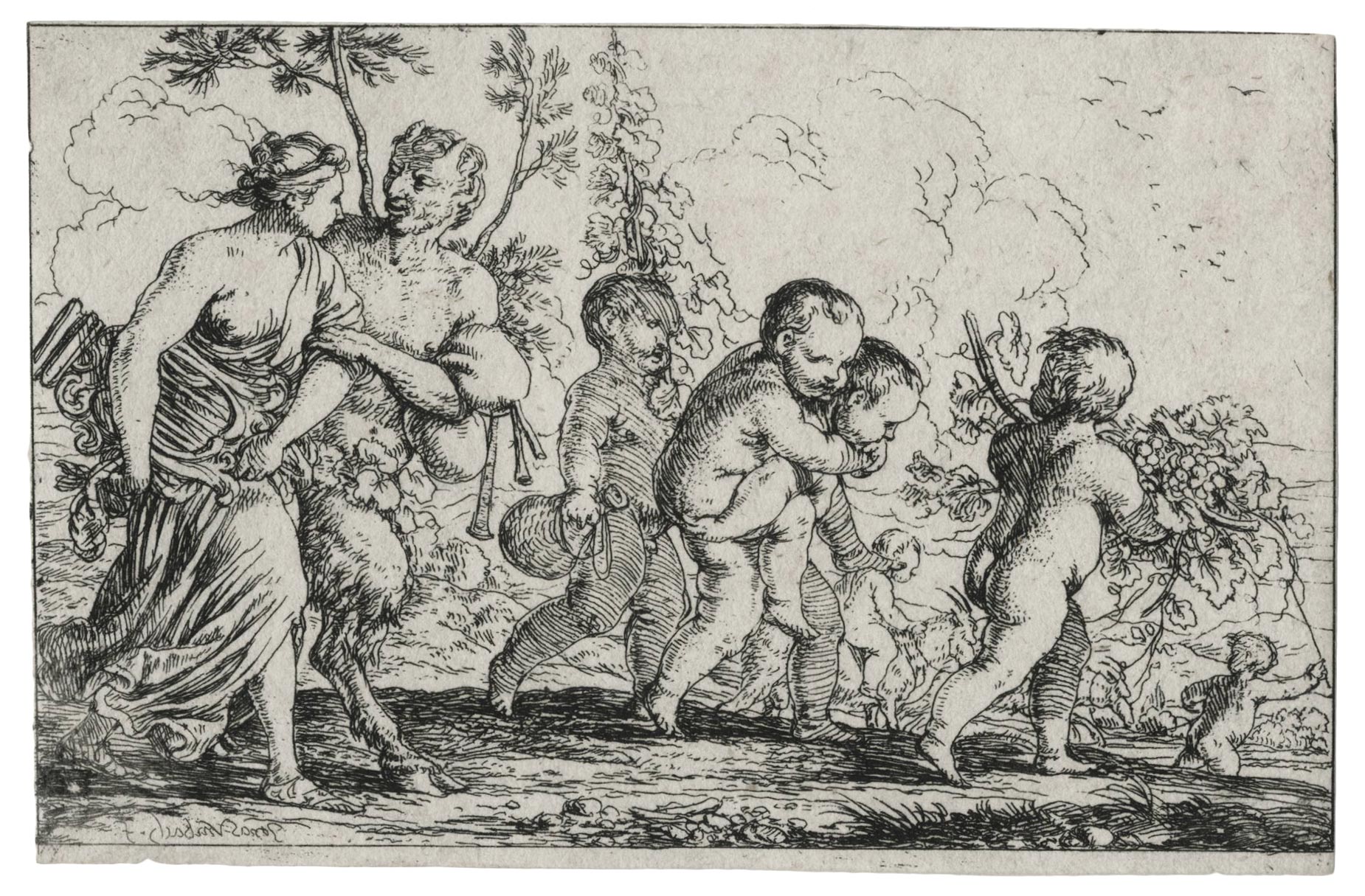 Satyr and bacchante with putti
