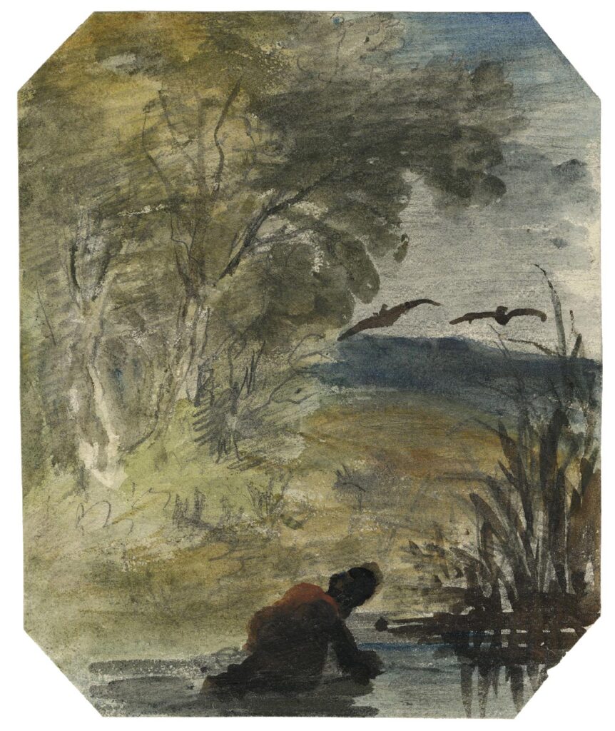 Johns – Paysage lacustre, un homme dans l’eau au premier plan