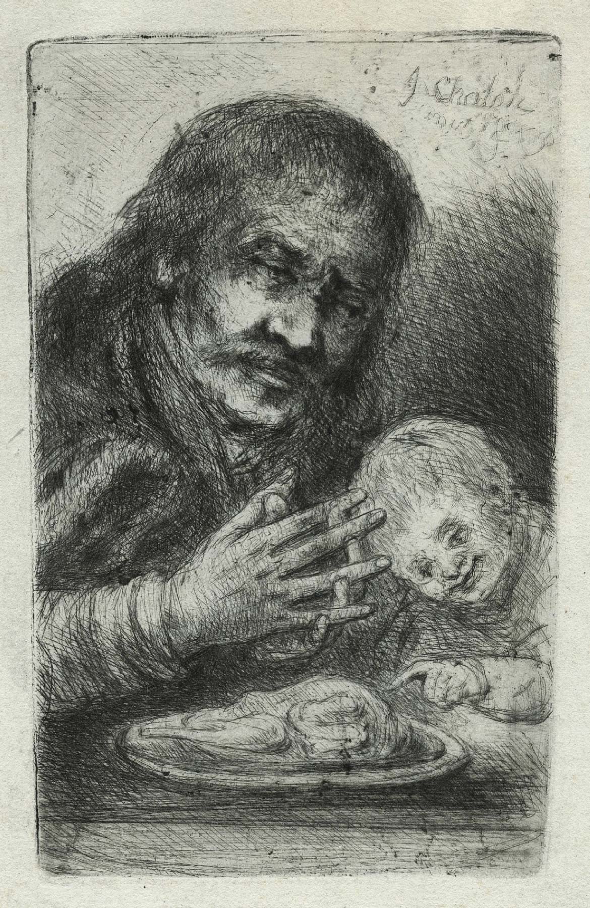 Man and child in front of a chicken