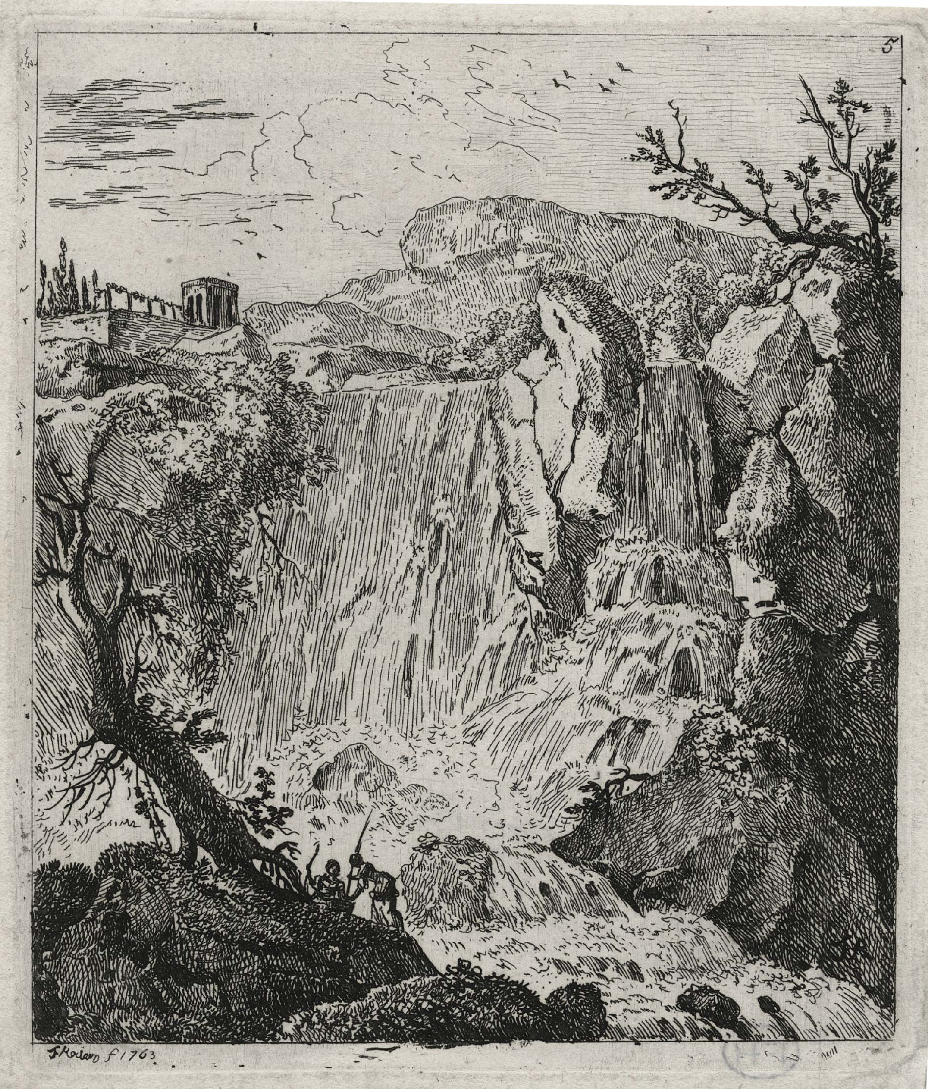 Vue de Tivoli avec une cascade