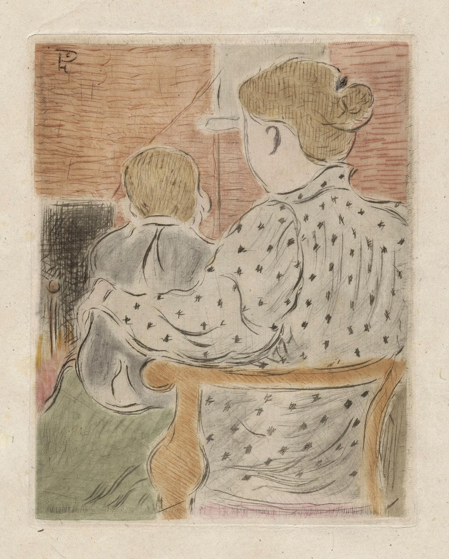 Mère et enfant assis de dos (Mother and child seated from the back)