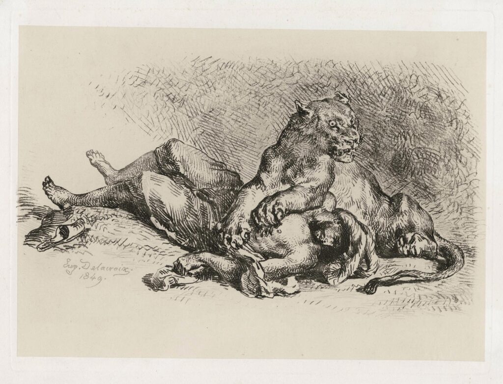 Delacroix – Lionne déchirant la poitrine d’un arabe